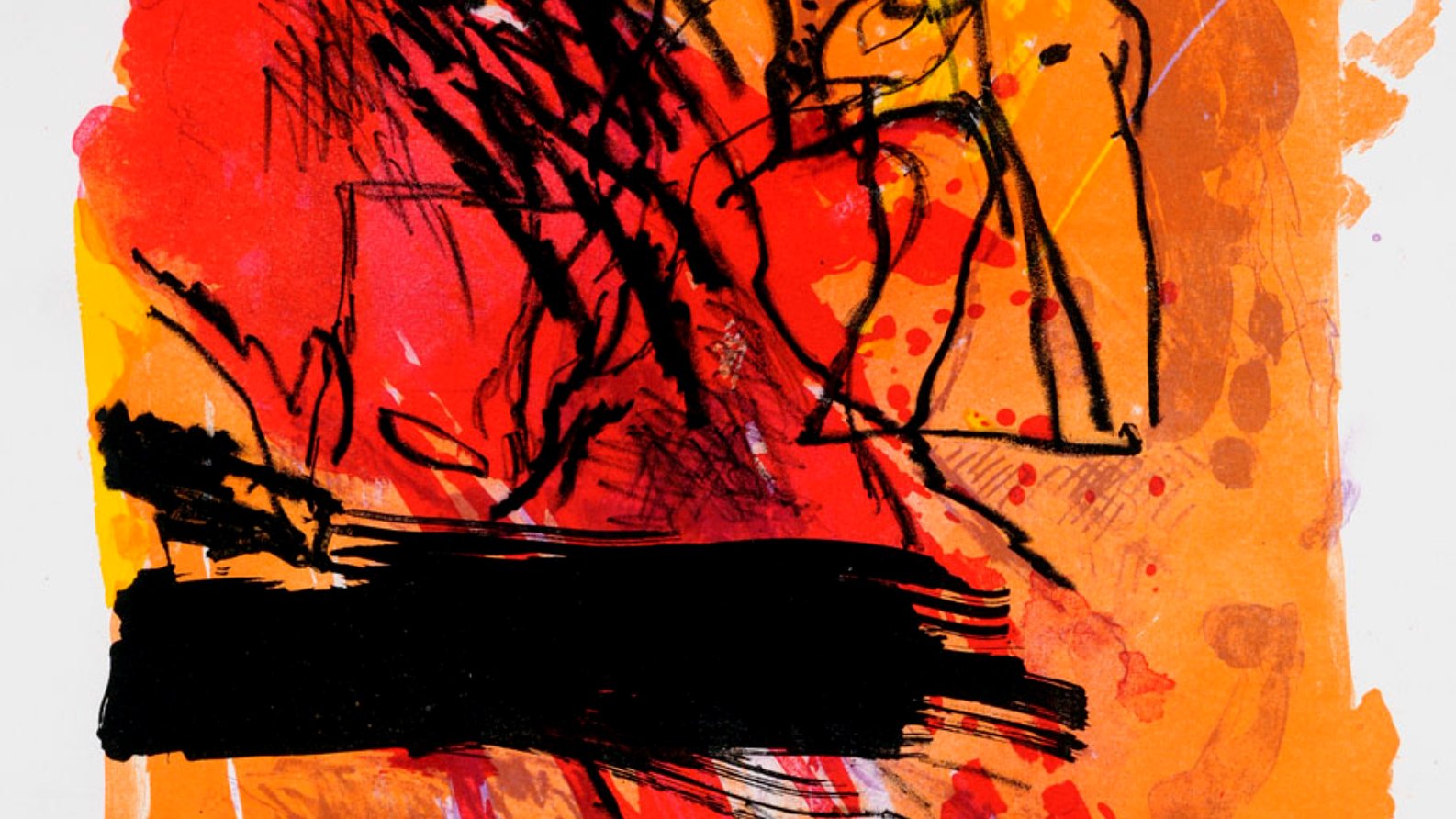 L'image présente des formes abstraites en noir, rouge et orange, créant une composition dynamique et énergique. Des traits et textures variés suggèrent un mouvement, tandis qu'un large bandeau noir traverse le bas, ajoutant un contraste frappant.