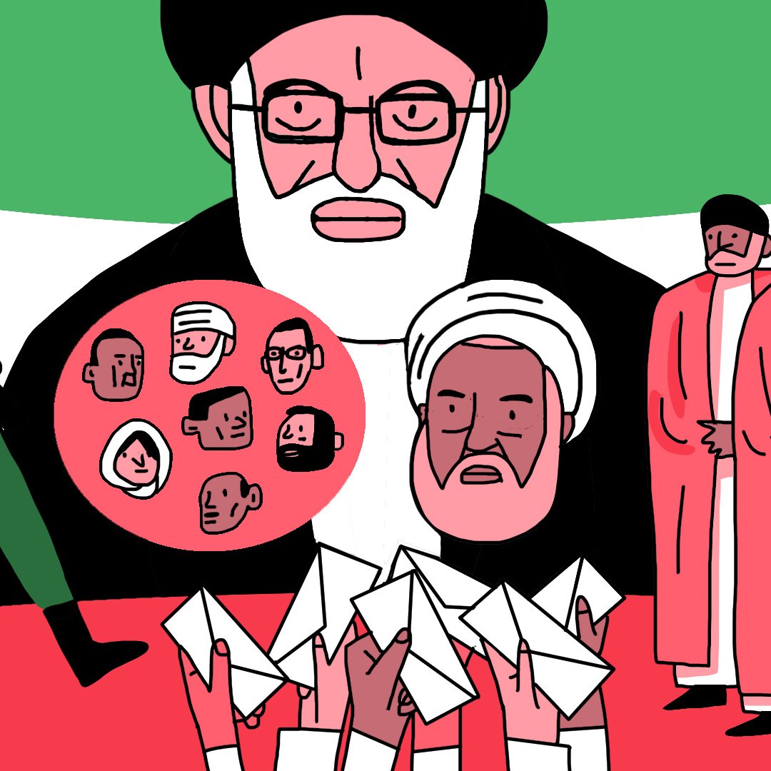 L'image présente une composition graphique où l'on peut voir un personnage central, probablement un leader religieux, entouré de divers éléments symboliques. À gauche, un homme armé symbolise la force militaire, tandis qu'à droite, un groupe de personnes se tient debout, suggérant une assemblée ou un rassemblement. Au centre, une série de visages, représentés dans un cercle, pourrait faire référence à différentes figures ou membres d'un groupe. L'arrière-plan utilise des couleurs vives, ajoutant une dimension dramatique à l'ensemble de la scène. La composition évoque des thèmes de pouvoir, d'autorité et de représentation.