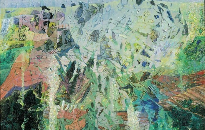 L'image présente une œuvre abstraite qui mélange des teintes de vert, de bleu et de rose. Les formes semblent se superposer et se fondre les unes dans les autres, créant une impression de profondeur et de mouvement. Les textures sont variées, avec des éléments qui évoquent à la fois des paysages naturels et des motifs géométriques. L'ensemble donne une atmosphère rêveuse et apaisante, invitant à l'interprétation personnelle.