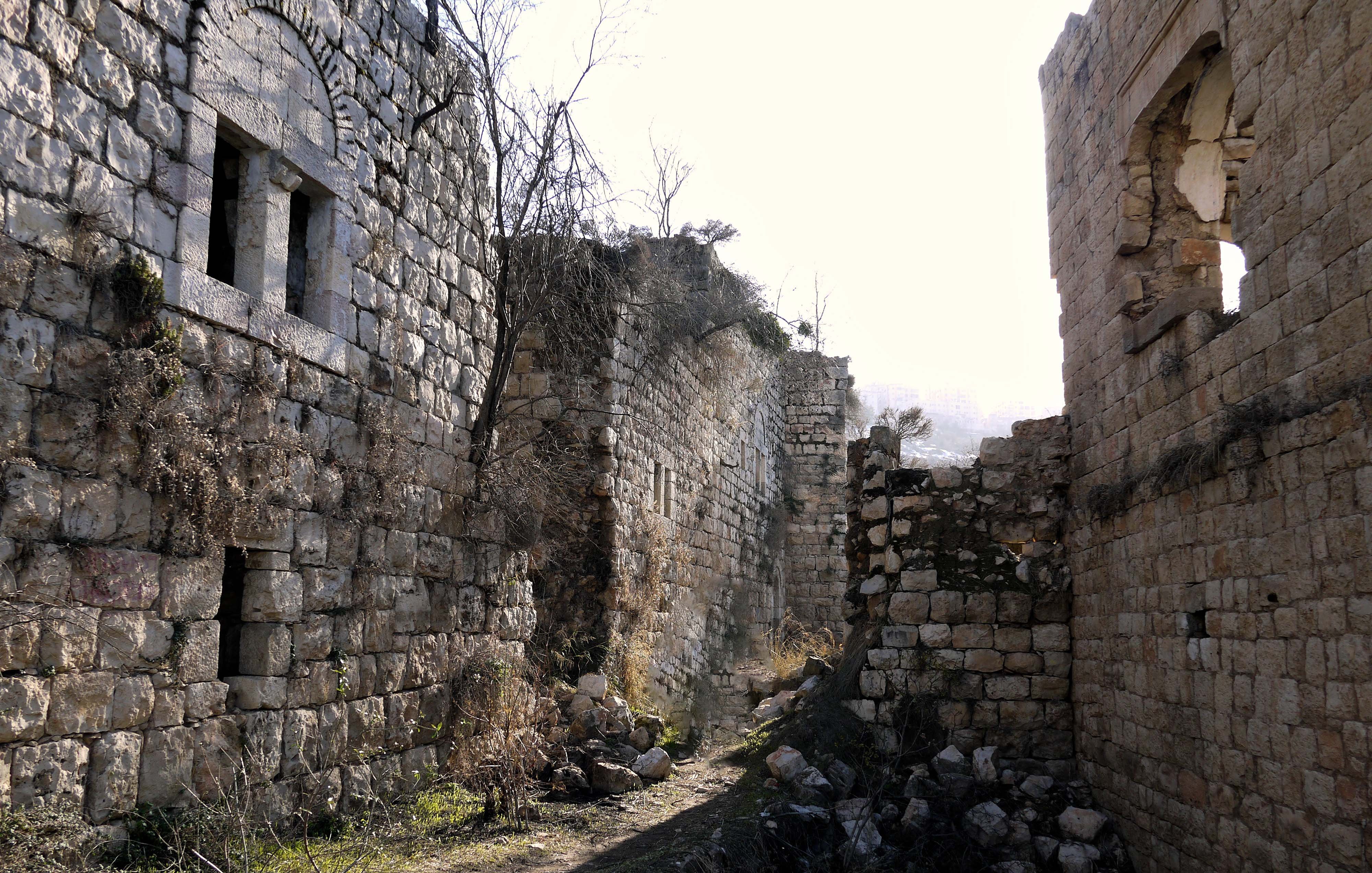 این تصویر نمایی از یک منطقه ویران‌شده است که دیوارهای سنگی و قدیمی آن هنوز پابرجا مانده‌اند. در اطراف دیوارها، گیاهان خشک و علف‌های هرز به چشم می‌خورند. روشنایی تصویر ممکن است نشان‌دهنده‌ی یک روز آفتابی باشد، با نور ملایمی که بر روی خرابه‌ها می‌تابد. برخی از دیوارها دارای پنجره‌های باز هستند و بخش‌هایی از ساختمان‌ها کاملاً تخریب شده‌اند. به طور کلی، جو تصویر حس خاطره‌ای از تاریخ و گذشته را منتقل می‌کند.