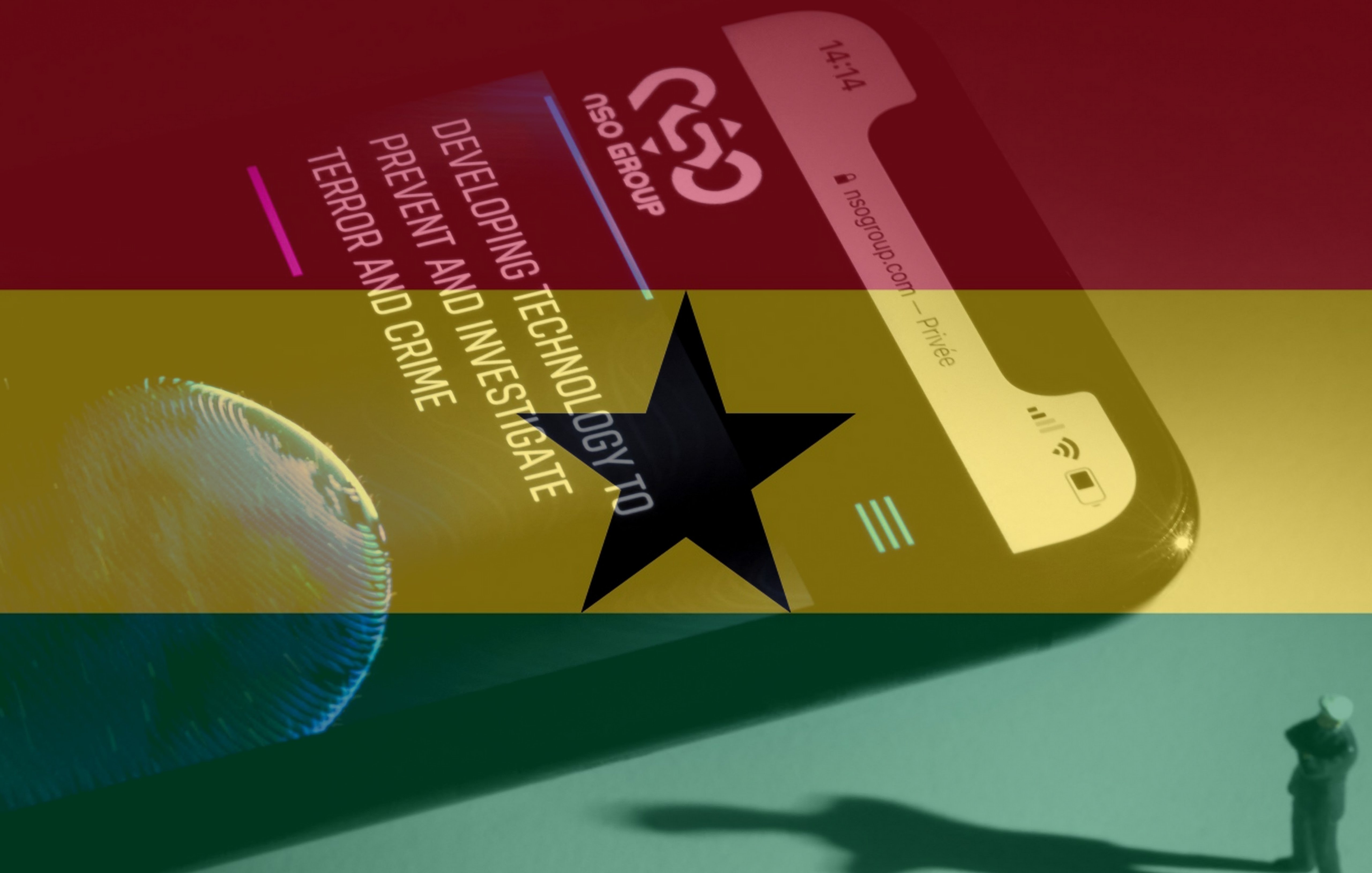 L'image montre un téléphone portable affichant des informations sur une application ou un site lié au développement de technologies pour enquêter sur le terrorisme et le crime. L'arrière-plan évoque le drapeau du Ghana, avec une étoile noire au centre, symbolisant probablement une connexion ou un lien avec le pays. On peut également voir une silhouette d'une personne projetée sur la surface en rapport avec le contexte technologique.