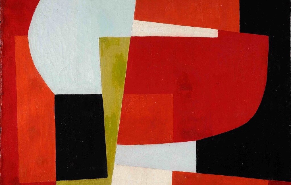 L'image présente une composition abstraite aux couleurs vives. On peut observer des formes géométriques, telles que des rectangles et des courbes, dans une palette de rouges, noirs, blancs et verts. Les différentes teintes se juxtaposent de manière dynamique, créant un contraste intéressant. L'ensemble donne une impression de mouvement et d'équilibre visuel, caractéristique de l'art abstrait.