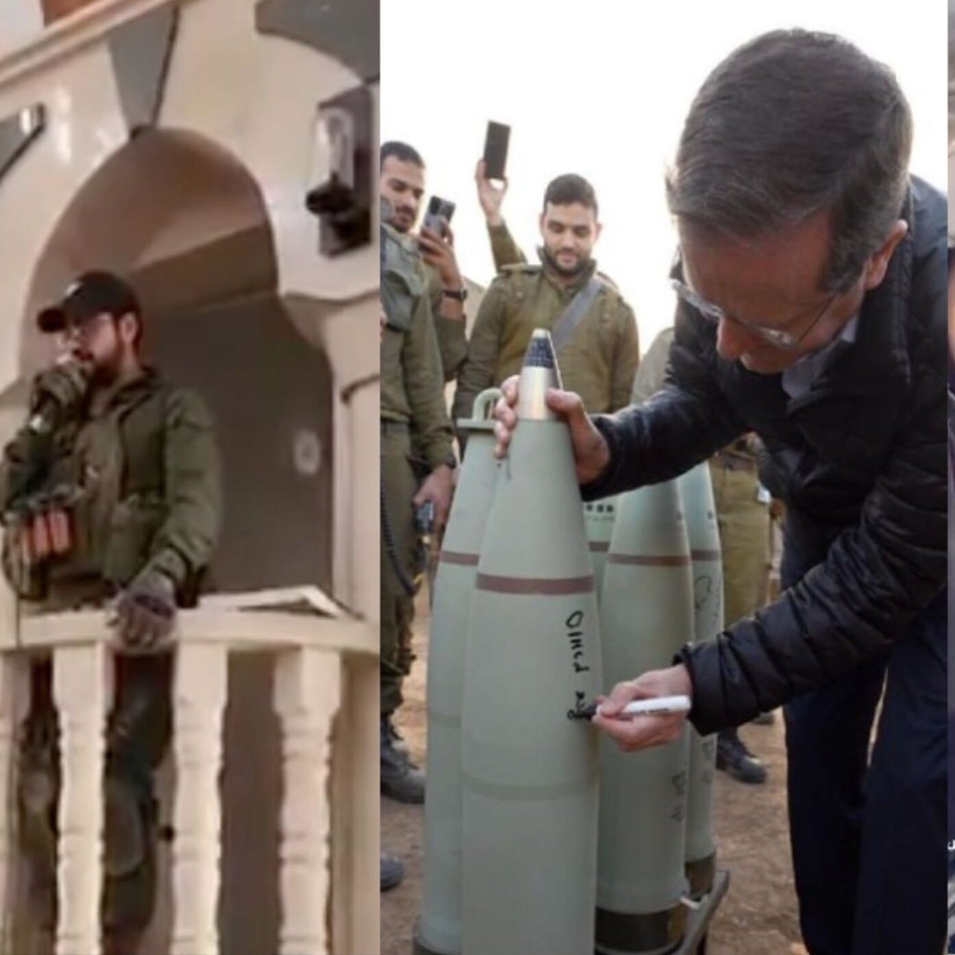 این تصویر شامل سه قسمت است. در قسمت اول، یک فرد نظامی در حال صحبت کردن از بالکن یک ساختمان است. در قسمت دوم، فردی در حال نوشتن روی یک مهمات نظامی دیده می‌شود، و در قسمت سوم، چند نظامی در یک محیط ویران شده خوشحال به دوربین لبخند می‌زنند. این تصاویر به نوعی به موضوعات نظامی و اوضاع جنگی اشاره دارند.