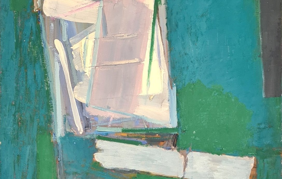 Une peinture abstraite avec des nuances de bleu et de vert, évoquant une fenêtre et des draps.