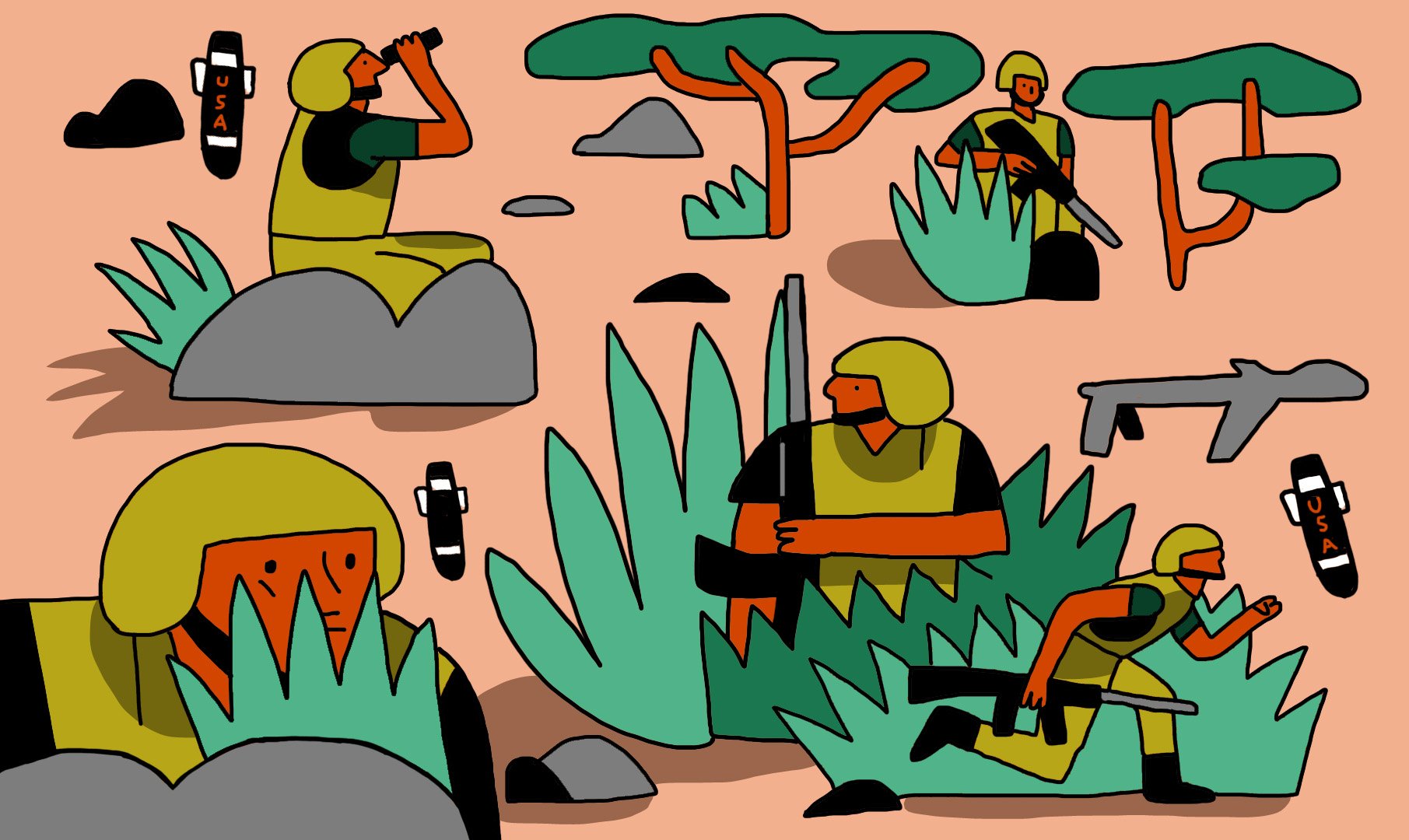 L'image représente des soldats dans un environnement de jungle ou de savane. On peut voir plusieurs soldats, certains utilisant des jumelles, d'autres armés, infiltrés parmi les rochers et la végétation, qui est stylisée avec des formes simplifiées. L'arrière-plan présente des arbres caractéristiques, et des icônes évoquant des munitions ou des objets militaires avec le label "USA". L'ensemble dégage un air dynamique avec une palette de couleurs vives.
