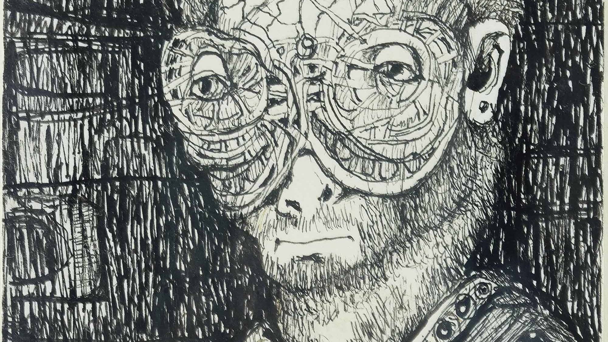 L'image représente un dessin en noir et blanc d'une personne avec des lunettes à monture épaisse. Le personnage a une texture de cheveux frisés et une barbe. Son expression est sérieuse et introspective. Le fond est riche en motifs et textures, ce qui ajoute de la profondeur à l'œuvre. Les détails aux alentours semblent évoquer un environnement stylisé, renforçant le caractère artistique de l'image.