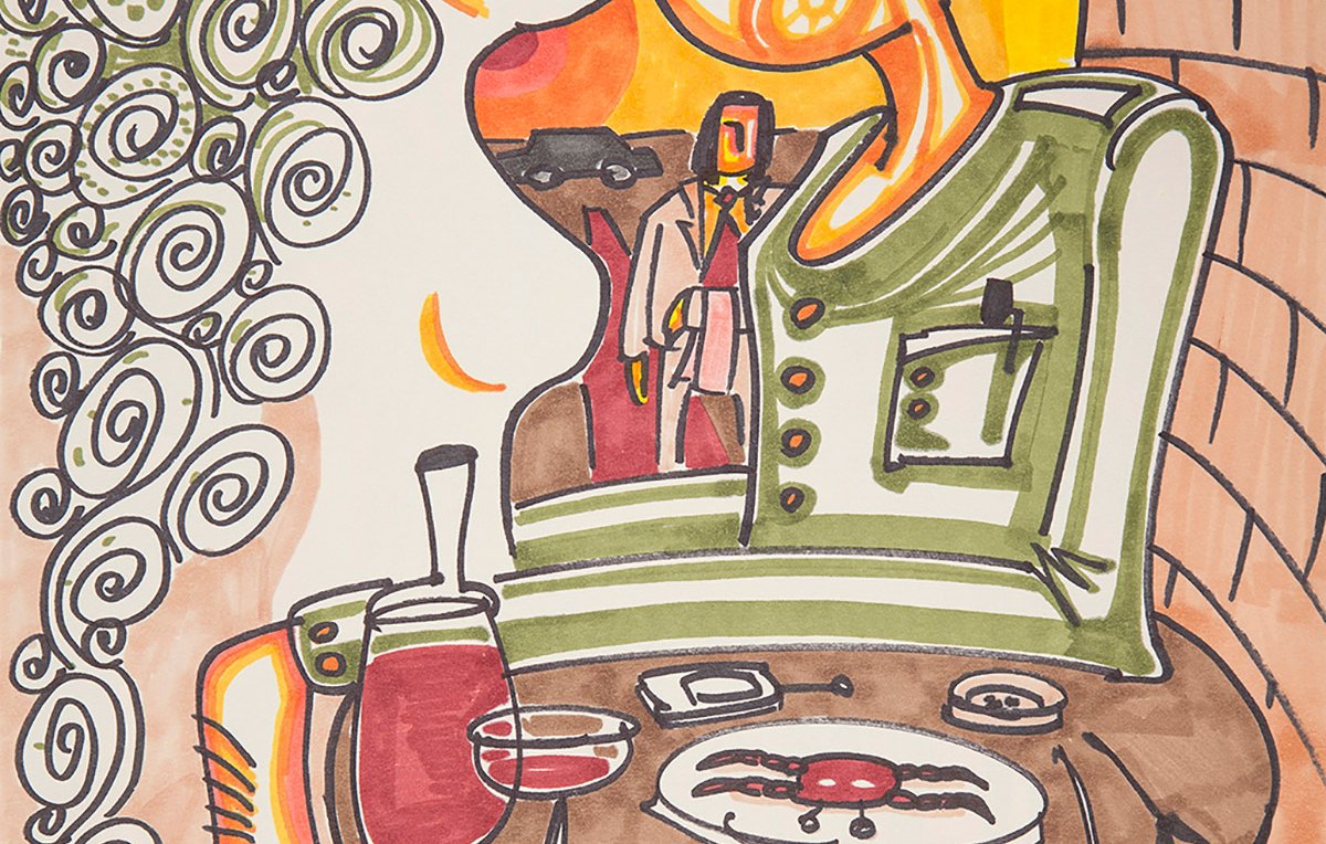 L'image représente une œuvre d'art aux lignes stylisées et aux couleurs vives. Au premier plan, on peut voir une table sur laquelle sont disposés divers objets, comme un verre de vin, une assiette et des cigarettes. À l'arrière-plan, deux personnages aux traits exagérés et abstraits semblent interagir, créant une atmosphère intrigante. L'utilisation de couleurs chaudes et de contours ondulés donne à l'ensemble une ambiance à la fois dynamique et expressive.