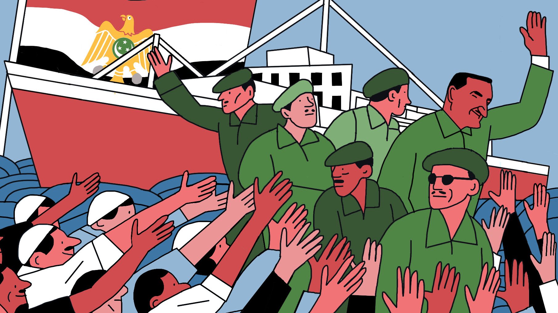 L'image représente une scène animée où des soldats en uniforme vert interagissent avec une foule. On peut voir des personnages saluant ou levant les mains dans un geste d'accueil. En arrière-plan, un bateau est visible, portant un drapeau avec des symboles qui évoquent un pays. La scène semble évoquer un moment de célébration ou d'un événement marquant, avec un style graphique coloré et stylisé.