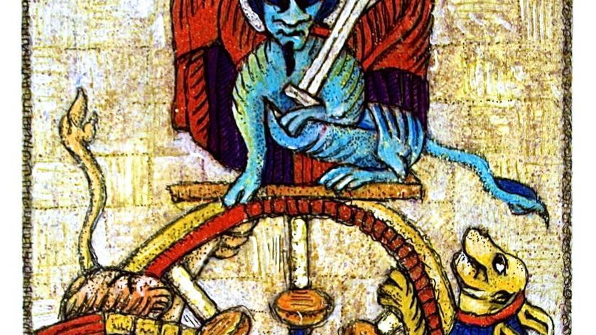 الصورة تُظهر مشهدًا فنيًا ملونًا يجمع عناصر رمزية متنوعة. في الجزء العلوي، نجد شخصية تحمل سيفًا، تبدو كأنها تتمتع بسلطة، بينما تحيط بها ألوان زاهية. في الوسط، توجد عجلة كبيرة تحمل رموزًا أخرى، وقد يكون هنالك مخلوقات أو أشكال تمثل قوى أو أفكار مختلفة. يبدو أن الصورة تمزج بين الأساطير والرمزية، حيث تخلق تفاعلًا بصريًا قويًا يعكس موضوعات القوة والمصير.