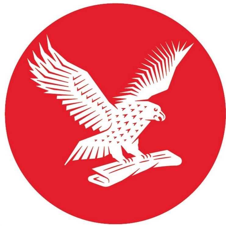 The image features a stylized eagle with outstretched wings, depicted in white, set against a bright red circular background. The eagle is perched on a scroll or rolled-up document. The overall design is bold and simplistic, emphasizing the eagle's dynamic posture.