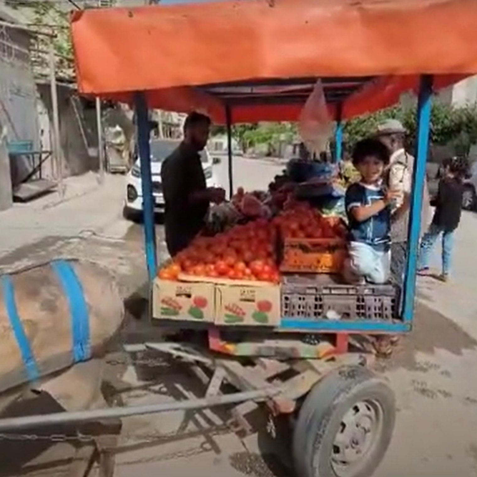 L'image montre un charrette tirée par un âne, pleine de fruits, probablement des tomates. Un homme se tient à côté de la charrette, tandis qu'un enfant est assis sur le bord, tenant des fruits. En arrière-plan, on aperçoit une rue urbaine avec des bâtiments et des personnes. La scène semble animée, typique d'un marché local.
