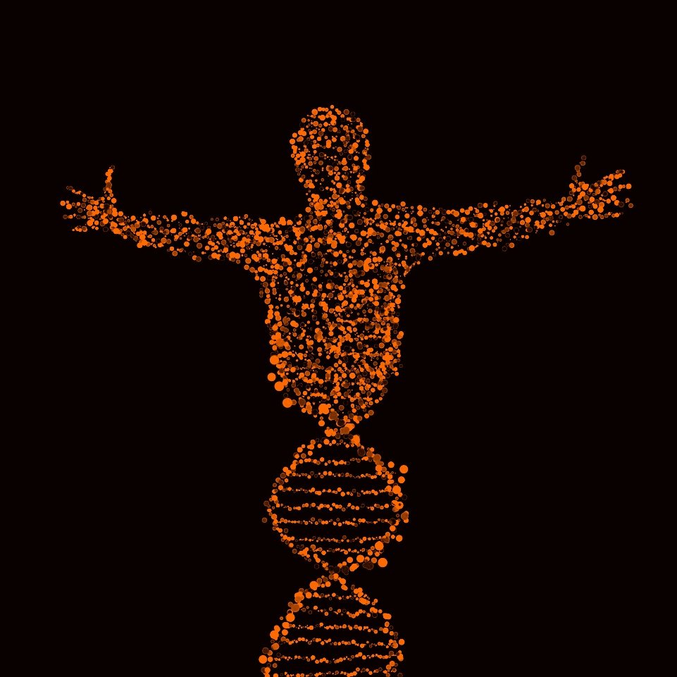 L'image représente une silhouette humaine stylisée, composée de nombreux points lumineux orange. Cette silhouette est placée au-dessus d'une double hélice, semblable à celle de l'ADN, également formée de points lumineux. Le fond est noir, ce qui met en évidence les couleurs vives de la silhouette et de la structure de l'ADN. Les bras de la silhouette sont ouverts, suggérant une posture d'accueil ou de libération. L'ensemble évoque des thèmes de biologie, de génétique et de connexion entre l'humain et la science.