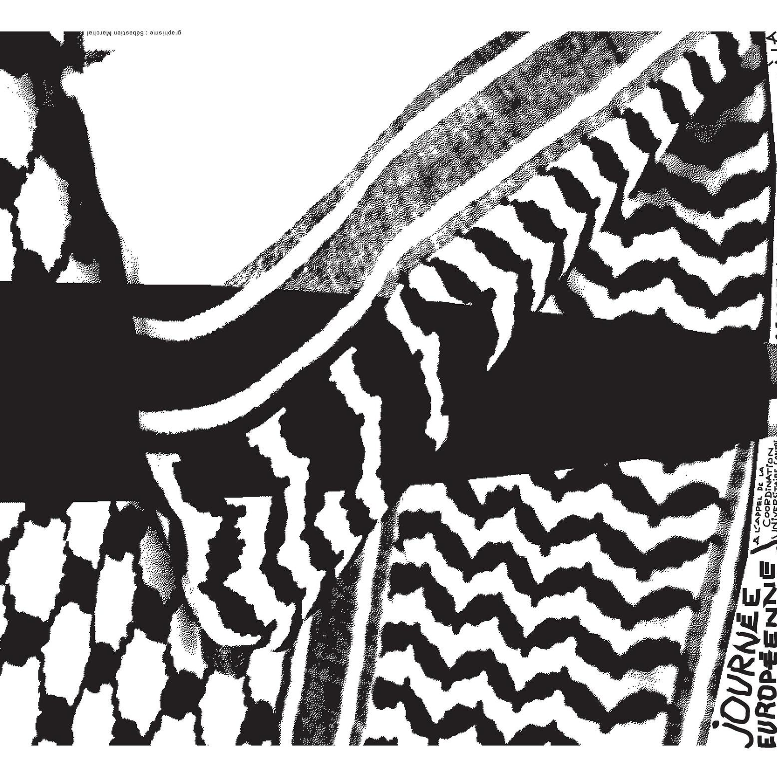 L'image présente un design graphique en noir et blanc. On y voit des motifs géométriques, éventuellement inspirés par la culture palestinienne, avec des inscriptions textuelles en français. Les mots semblent évoquer une journée de solidarité avec la Palestine, mentionnant une date spécifique, le 12 juillet 2014. L'ensemble dégage une atmosphère militante et engagée, soulignant un message de soutien au peuple palestinien.