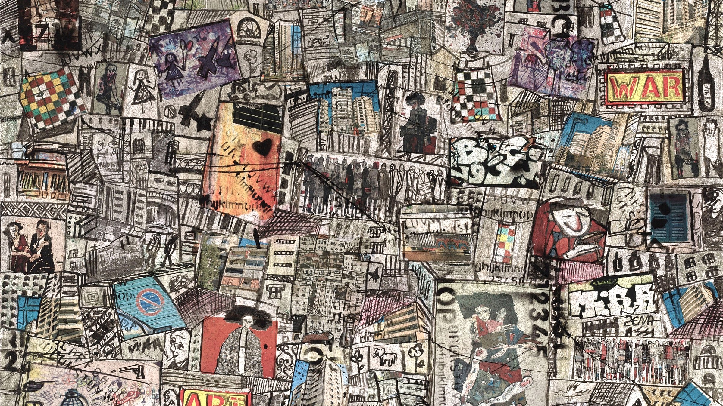 L'image semble être une composition artistique riche et complexe, représentant une vue urbaine dense. On y voit une multitude d'affiches, de graffitis et d'illustrations qui se chevauchent, créant un patchwork visuel. Les mots comme "BEIRUT", "ART" et "WAR" se distinguent parmi les autres éléments graphiques. Les divers motifs et dessins montrent une ambiance vibrante, témoignant de la culture et de l'histoire de la ville. L'ensemble dégage une impression de dynamisme et de mélange d'influences artistiques.