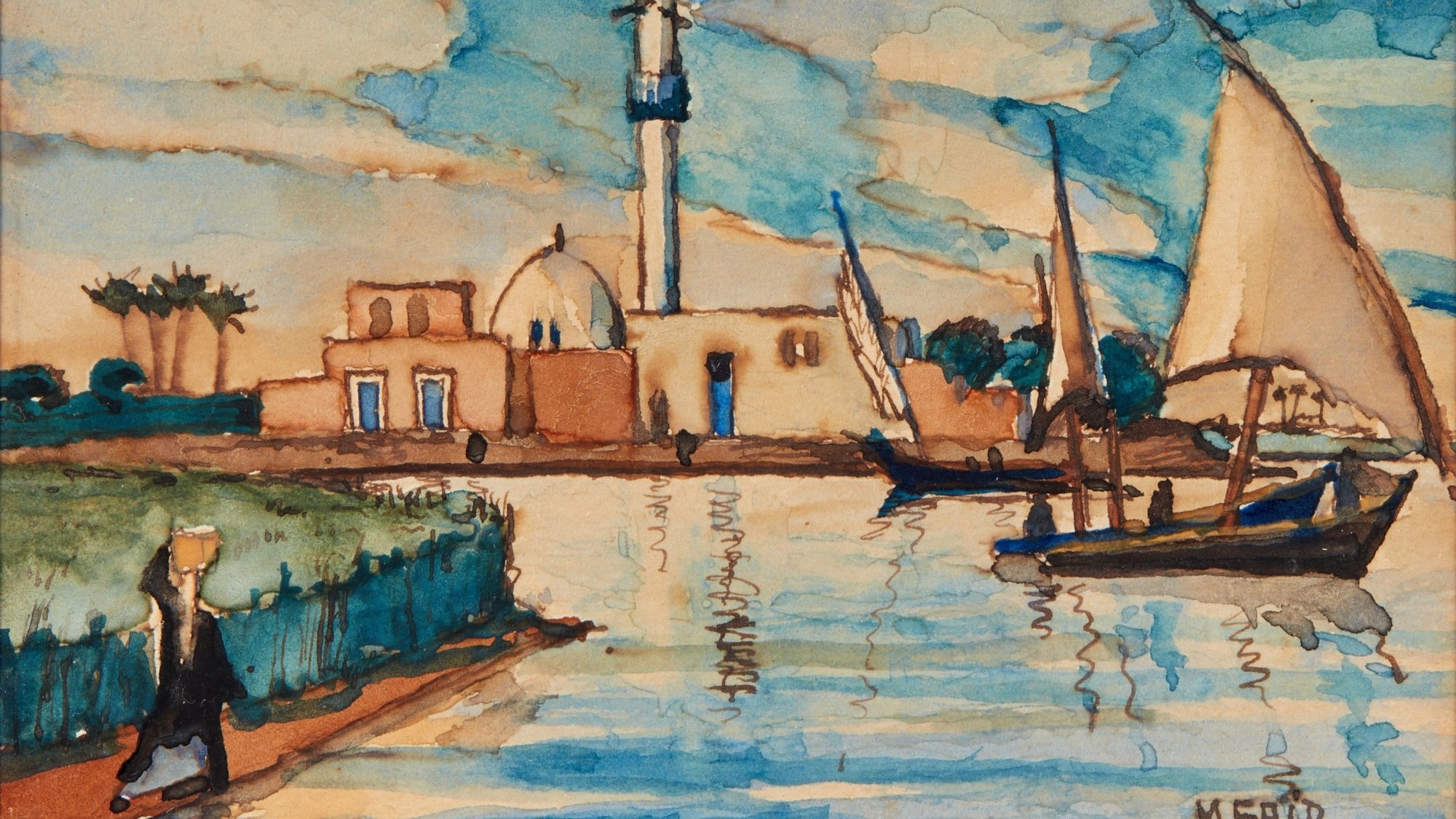 L'image est une aquarelle représentant un paysage côtier. On y voit une mosquée avec un minaret, entourée de bâtiments aux couleurs chaudes. Au premier plan, une personne marche le long d'une berge, portant quelque chose sur sa tête. Plusieurs voiliers naviguent sur l'eau calme, tandis que des palmiers se dressent à côté des structures. Le ciel est bleu avec quelques nuages blancs, créant une atmosphère paisible. L'artiste, M. Said, a utilisé des lignes fluides et des teintes délicates pour capturer ce paysage.