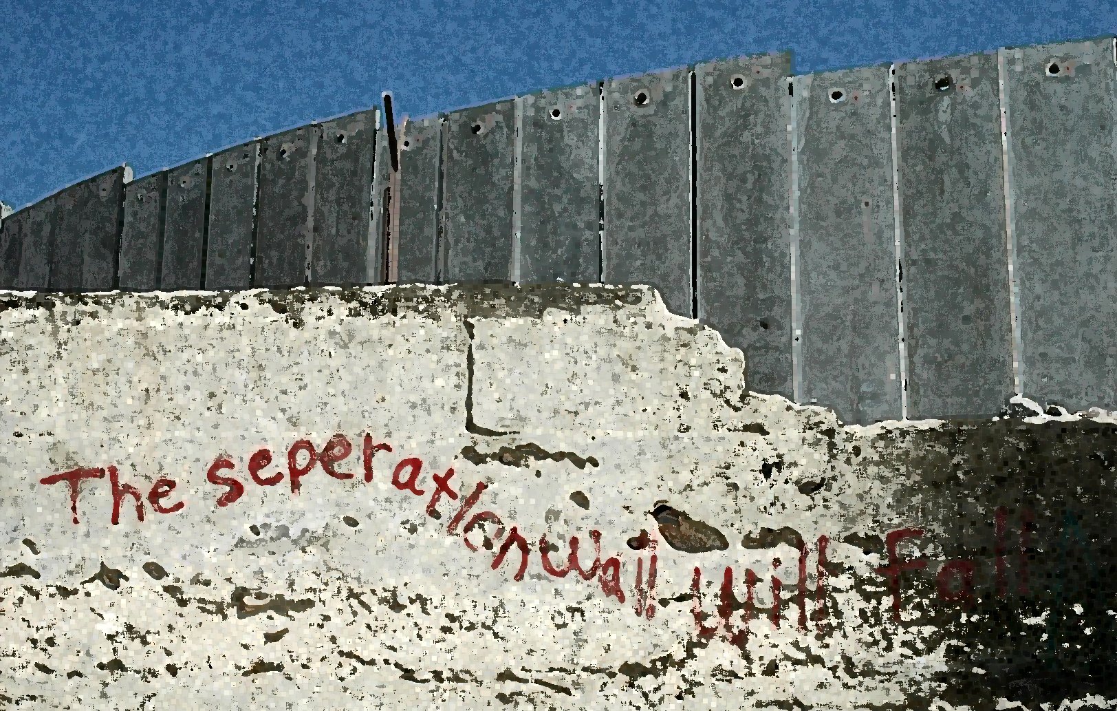 L'image montre un mur ou une barrière en métal, probablement une structure de séparation. À la base, il y a une inscription en rouge qui semble dire "The separation will fall", traduisible en français par "La séparation tombera". Le mur a une texture rugueuse et le contraste entre le métal et le béton met en évidence le message. L'environnement semble désolé, ce qui accentue la portée du message inscrit.