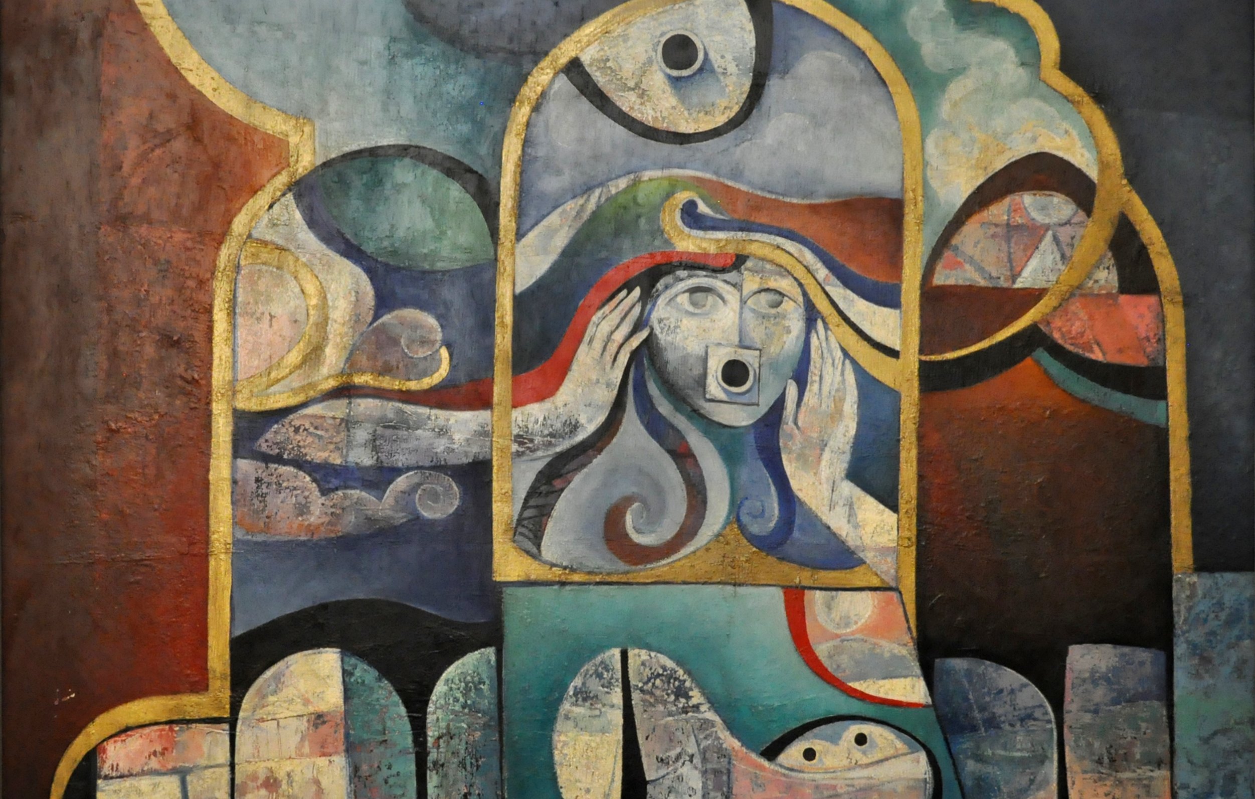 L'image semble être une œuvre d'art abstraite, avec des formes géométriques et des couleurs vives. On peut y discerner des silhouettes humaines stylisées, une figure centrale qui pourrait exprimer une émotion forte, et des motifs organiques qui entourent la scène. Les couleurs varient du bleu et du rouge, avec des touches dorées qui ajoutent de la profondeur. L'ensemble dégage une atmosphère à la fois mystérieuse et contemplative.