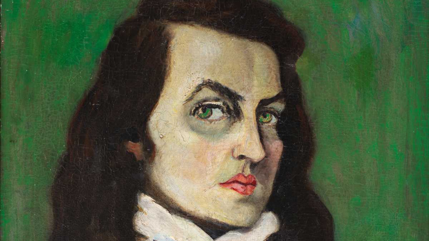 L'image montre un portrait d'une femme avec des traits marqués et une expression intense. Elle a des cheveux longs et foncés, ainsi qu'un regard perçant. La femme porte un vêtement jaune vif et une écharpe blanche autour du cou. L'arrière-plan est d'un vert uni, ce qui met en valeur son visage. Le style de la peinture semble expressif et un peu dramatique, avec des coups de pinceau visibles qui ajoutent une texture dynamique à l'œuvre.