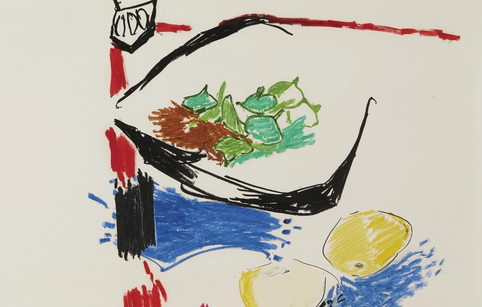 L'image présente une composition colorée et abstraite. On peut voir des éléments de nature morte : une assiette contenant de la salade verte, des agrumes et d'autres fruits posés sur une table. Les couleurs vives, telles que le rouge, le bleu, le jaune et le vert, sont utilisées de manière expressive, créant un contraste dynamique. Le style de la peinture semble inspiré de la peinture moderne, mettant l'accent sur les formes et les couleurs plutôt que sur les détails réalistes. Un vase avec des fleurs jaunes est visible en haut à gauche, ajoutant une touche de lumière à la scène.