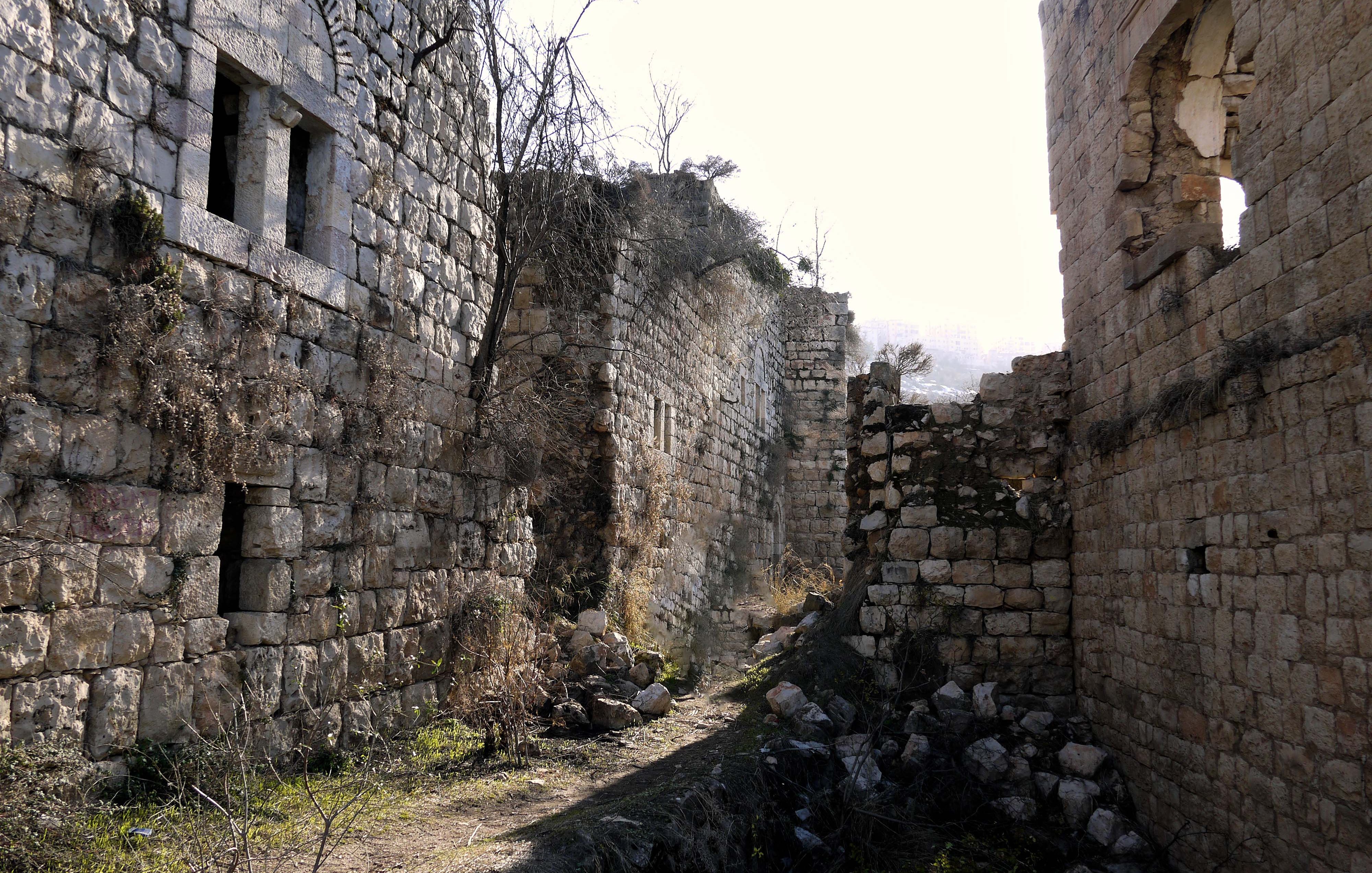 L'image montre des ruines d'un bâtiment en pierre, typiques d'une architecture ancienne. Les murs, en partie effondrés et recouverts de végétation et de lierre, témoignent du passage du temps. On peut voir un chemin étroit qui traverse les débris, entouré par des pierres et des branches. La lumière semble douce, suggérant une ambiance tranquille et mélancolique. L'ensemble évoque une histoire riche et un lieu qui a connu des jours meilleurs.