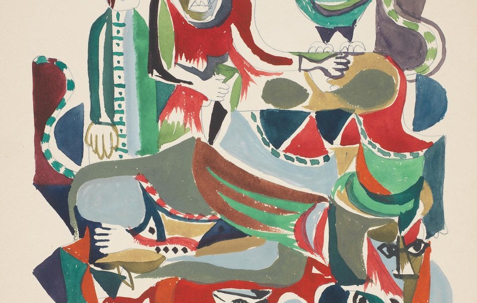 L'image représente une composition artistique avec des formes abstraites et des couleurs vives. On peut y voir deux figures humaines, l'une à gauche et l'autre à droite, dont les visages expriment des émotions variées. Leurs corps sont stylisés et entourés d'éléments organiques et animaux, tels que des oiseaux et des créatures ressemblant à des chiens ou des renards. Les couleurs sont riches et contrastées, allant des rouges et verts aux bleus et jaunes, créant un effet visuel dynamique et vivant. L'ensemble évoque une scène d'interaction humaine en relation avec la nature.