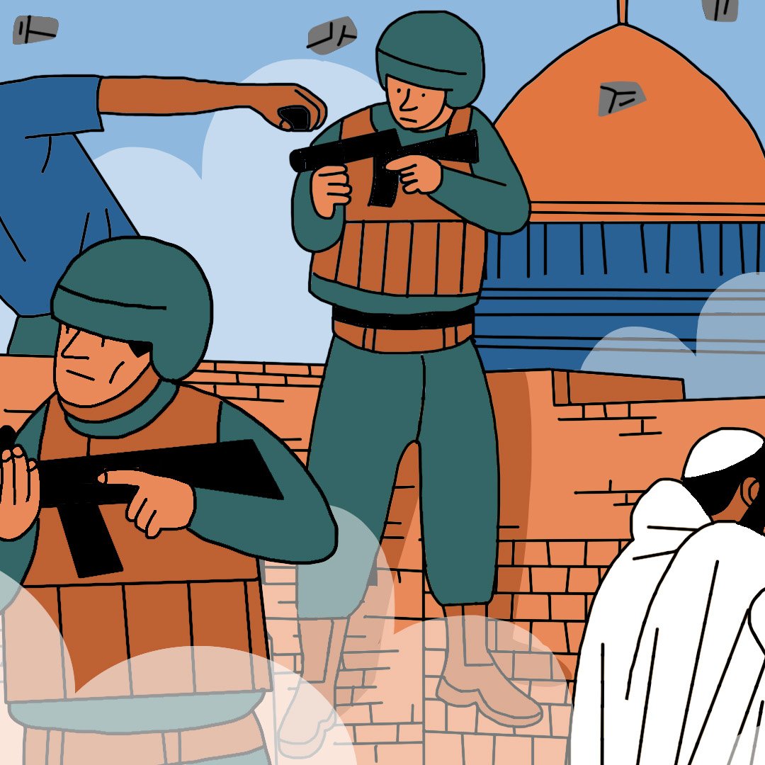 L'image représente une scène de conflit avec des personnages portant des casques et des vêtements militaires, certains tenant des armes, tandis que d'autres semblent préparer ou lancer des projectiles. En arrière-plan, on distingue un bâtiment avec un dôme. L'atmosphère est dynamique, illustrant une situation tendue et chaotique. Les personnages semblent engagés dans une confrontation, soulignant des thèmes de lutte et de résistance.