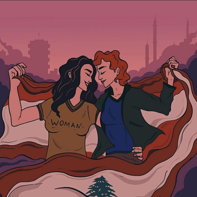 L'image représente deux femmes qui semblent partager un moment intime, entourées de drapeaux. L'une d'elles porte un t-shirt avec l'inscription "WOMAN". Le fond montre une ville stylisée avec des silhouettes de bâtiments et des minarets, créant une ambiance urbaine. Les couleurs utilisées sont douces, avec des dégradés de rose et de violet, conférant à l'ensemble une atmosphère chaleureuse et d'harmonie. Les drapeaux évoquent probablement un sentiment d'identité nationale ou de solidarité.