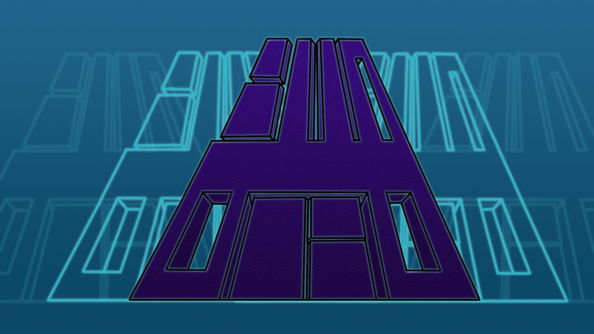 L'image représente une forme géométrique en violet, probablement un logo ou un symbole stylisé, disposé en pyramide. Le fond est d'une teinte bleue, et des lignes ou motifs en arrière-plan ajoutent une dimension graphique. L'ensemble donne une impression futuriste, avec un design épuré et moderne.