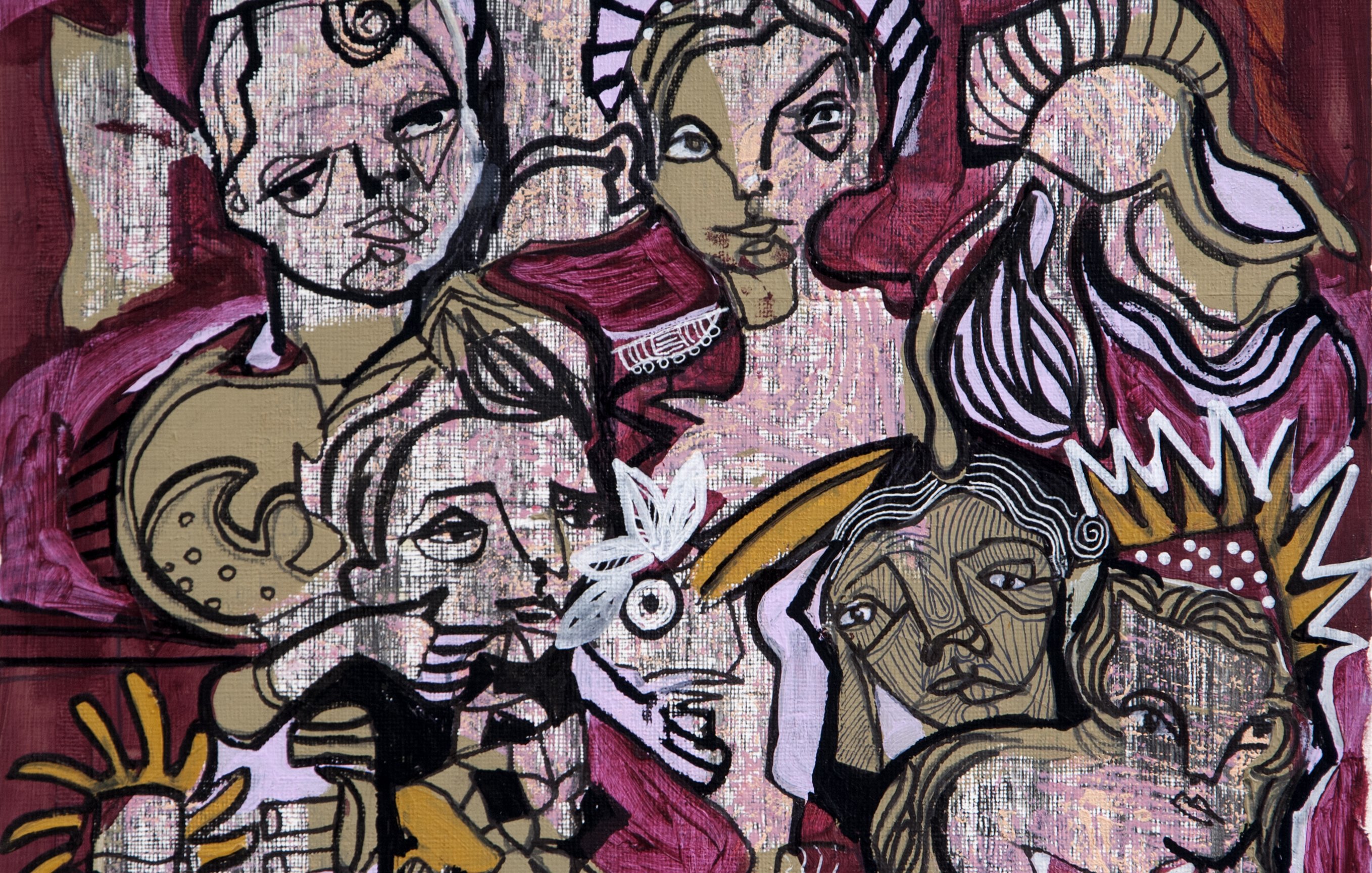 L'image présente une composition artistique animée, mélangeant des figures humaines aux traits stylisés. Les personnages sont dessinés avec des lignes sinueuses et des expressions variées, intégrant des éléments de couleur vives comme le rouge et le beige. On remarque une juxtaposition de formes géométriques et organiques, créant un sentiment de dynamisme. Les visages affichent des émotions et des postures diverses, tandis qu'un arrière-plan riche en textures ajoute à la profondeur de l'œuvre. L'ensemble dégage une atmosphère à la fois étrange et captivante.