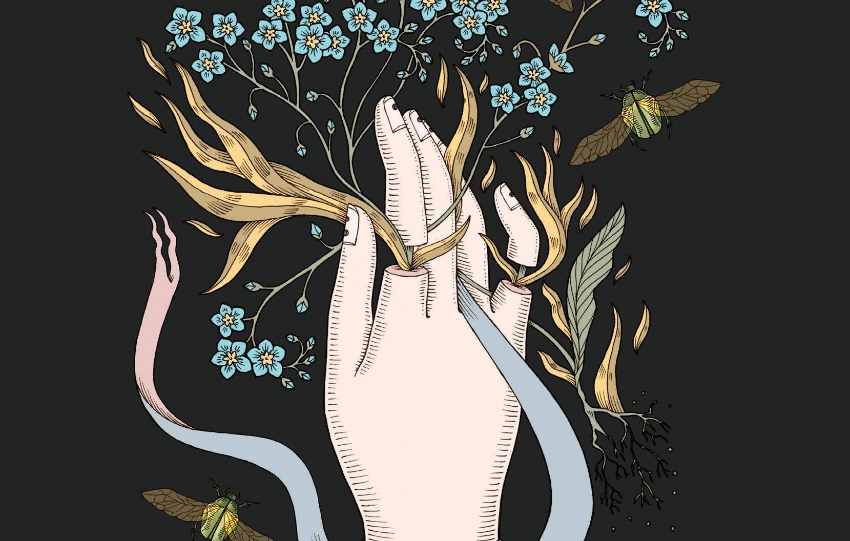 L'image représente une main stylisée, qui semble émerger de la terre, tenant des fleurs délicates et des feuillages. Des insectes, probablement des lucioles ou des papillons, volent autour de la main. La main est ornée de motifs décoratifs, et des rubans de différentes couleurs s'écoulent des côtés, ajoutant une touche de mouvement et de fluidité à l'ensemble. Le fond est sombre, ce qui met en valeur les éléments colorés et le contraste avec la nature. Cette scène évoque une connexion entre l'homme et la nature.