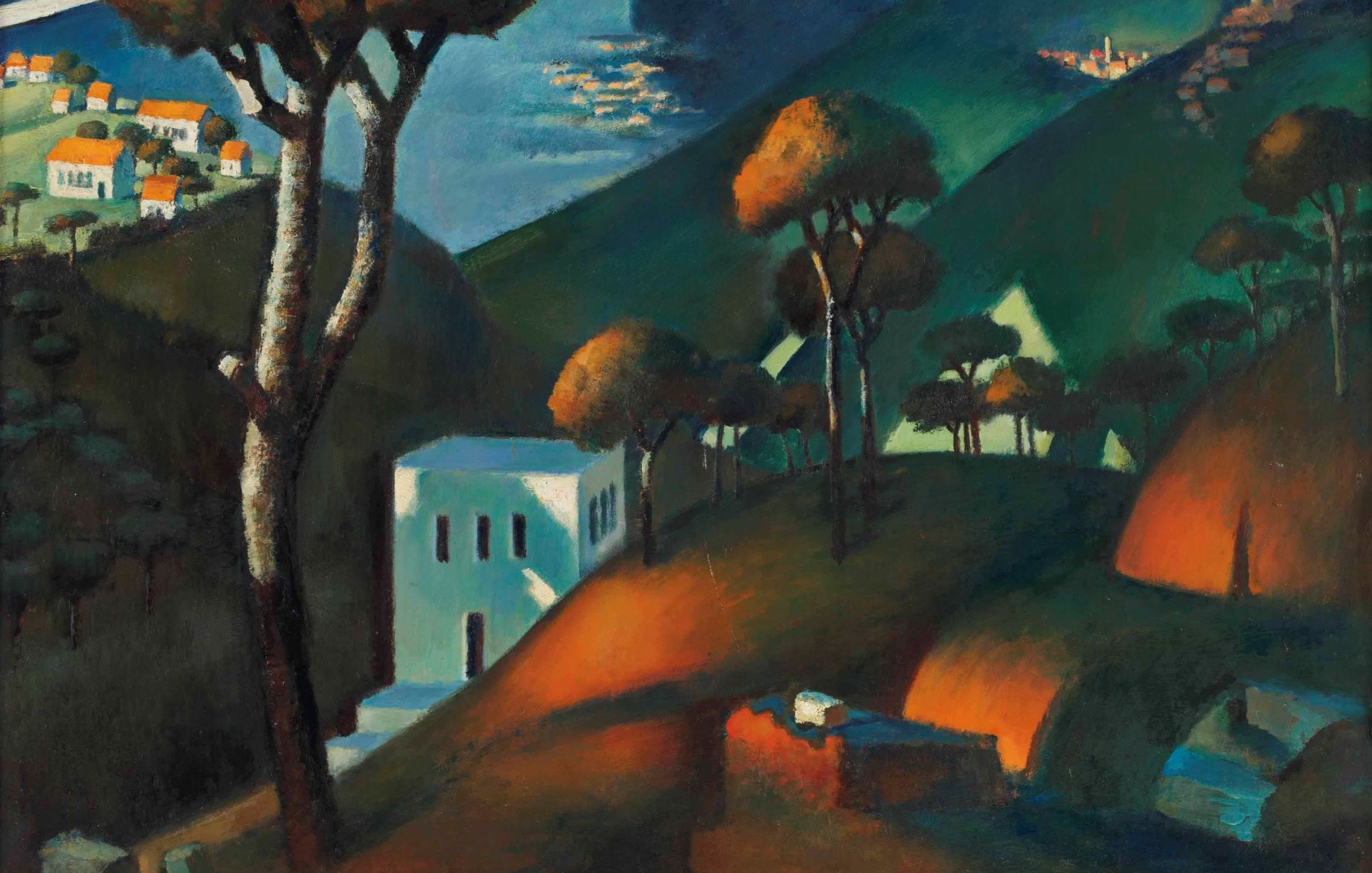 L'image représente un paysage stylisé avec des collines ondulantes et des arbres aux formes géométriques. Au premier plan, on voit une maison blanche, tandis qu'en arrière-plan, des montagnes majestueuses se dressent sous un ciel dramatiquement nuageux. La palette de couleurs est riche, avec des verts profonds, des nuances chaudes d'orange et des touches de bleu, créant une ambiance vibrante et expressive. Des structures architecturales sont visibles sur les collines, ajoutant une dimension humaine au paysage.