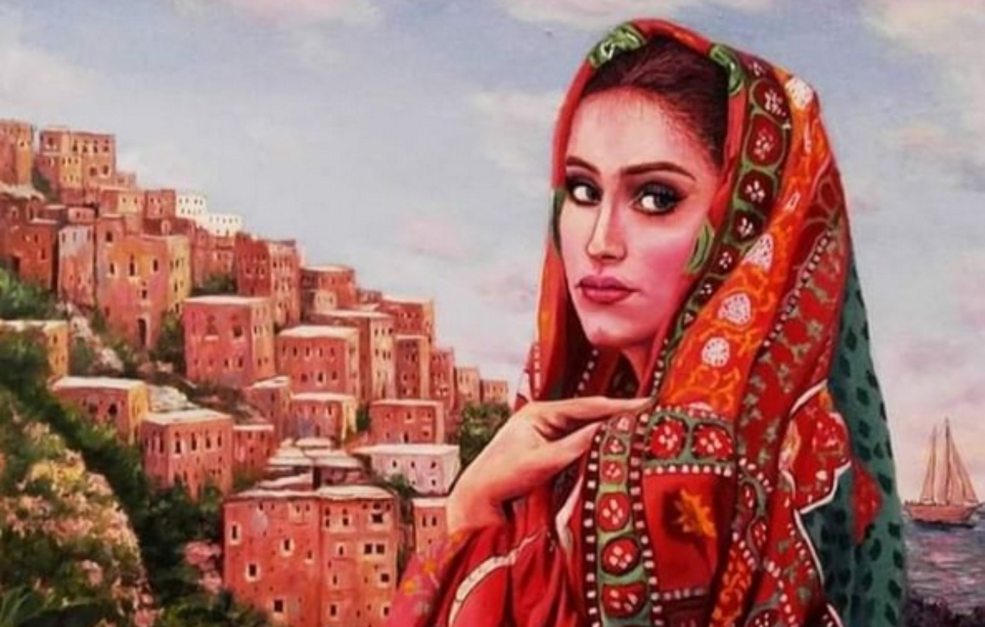L'image représente une femme portant un voile coloré, symbolisant une culture traditionnelle. Elle est positionnée devant un paysage de collines avec des maisons aux teintes chaudes, évoquant une ambiance pittoresque. En arrière-plan, on aperçoit une mer et un voilier, ajoutant une touche de sérénité à la scène. Le visage de la femme est expressif, et ses vêtements ornés de motifs vibrants attirent l'attention. L'ensemble crée une atmosphère à la fois artistique et culturelle.