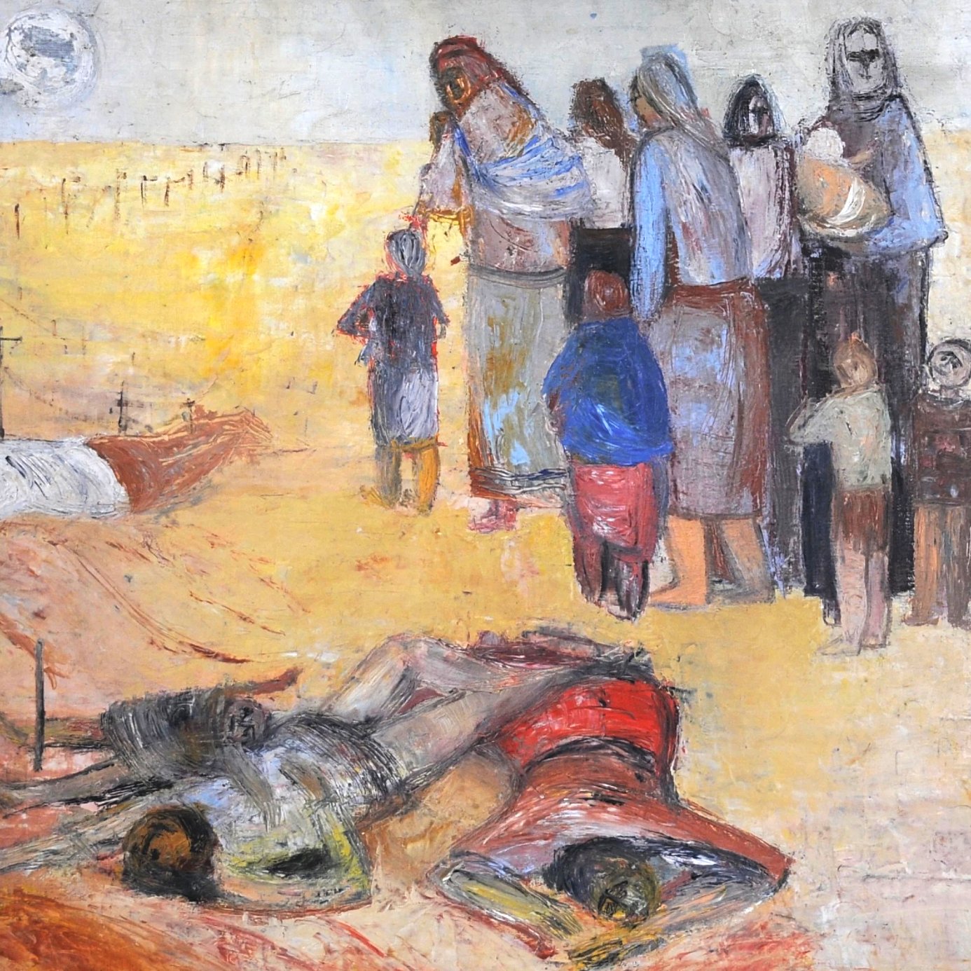 Scène tragique montrant des personnes en deuil près de corps sur une terre désertique.