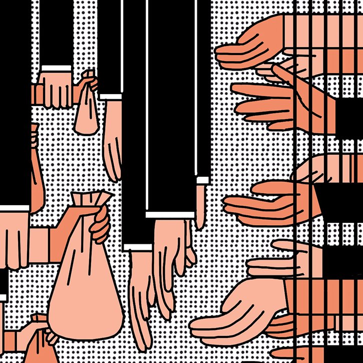 L'image présente un ensemble de mains, certaines vêtues de manches noires et d'autres de couleurs claires, tenant des sacs. Les mains sont disposées de manière à créer un motif répétitif et dynamique, illustrant un échange ou une transaction. Le fond est texturé, ce qui met en valeur le contraste entre les couleurs des mains et la structure générale de l'image. Cette composition pourrait symboliser des concepts tels que l'échange, le commerce ou la coopération.