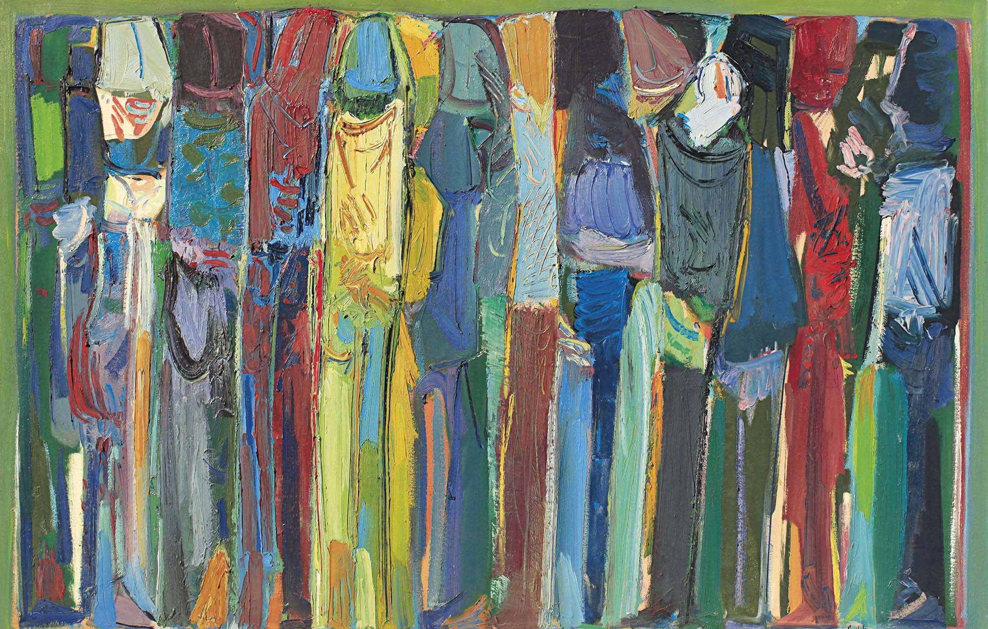 L'image représente une composition abstraite avec des formes verticales. Les couleurs vives et variées dominent, y compris des bleus, des rouges, des jaunes et des verts, créant une ambiance dynamique. Les formes semblent évoquer des silhouettes humaines, mais elles sont stylisées et fragmentées, ce qui donne une impression de mouvement et d'énergie. L'utilisation de la texture et des coups de pinceau visibles ajoute une dimension tactile à l'œuvre.