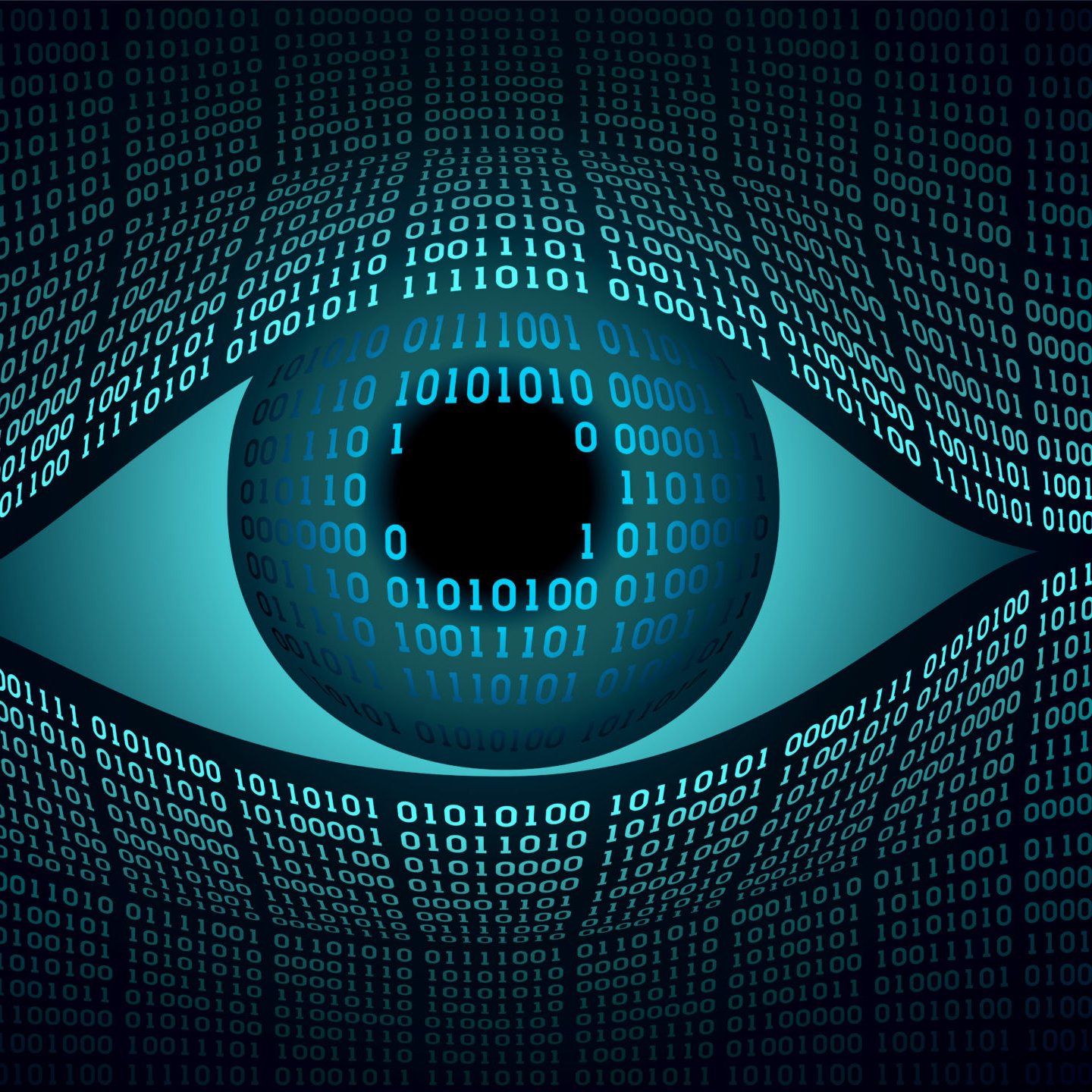 L'image présente un œil stylisé au centre, entouré de motifs de chiffres binaires (0 et 1) qui forment une sorte de fond numérique. Les chiffres sont disposés de manière à évoquer une impression de profondeur et de mouvement, ce qui renforce le thème technologique et numérique. Les couleurs dominantes sont des nuances de bleu, accentuant une ambiance futuriste et technologique. L'ensemble de l'image évoque des concepts liés à l'informatique, à la surveillance ou à l'analyse des données.