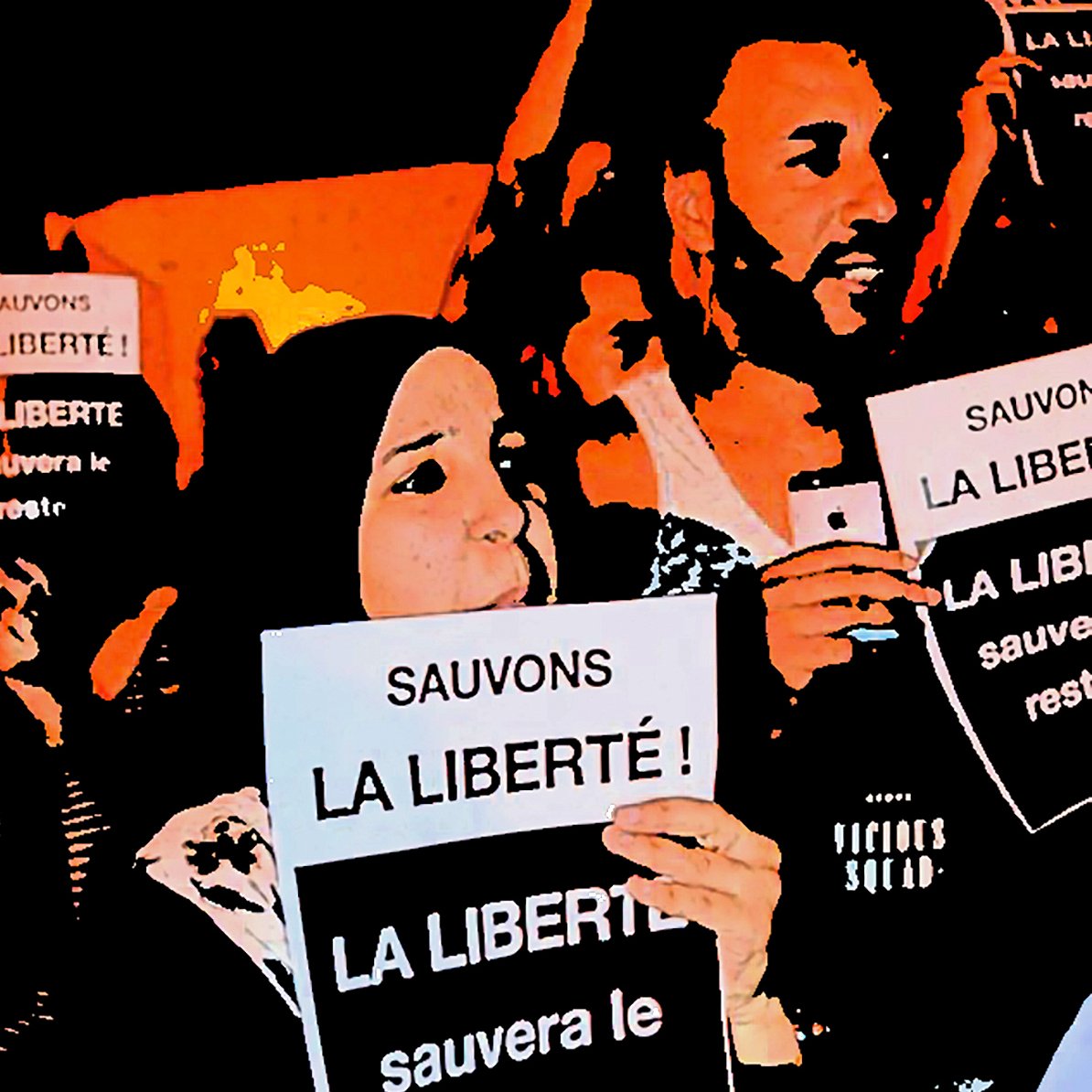 L'image montre un groupe de personnes tenant des pancartes sur lesquelles on peut lire "Sauvons la liberté !" et "La liberté sauvera le reste...". Il semble s'agir d'une manifestation ou d'un rassemblement pour défendre la liberté, avec des participants affichant des expressions engagées et déterminées. L'ambiance semble être à la mobilisation et à la solidarité.