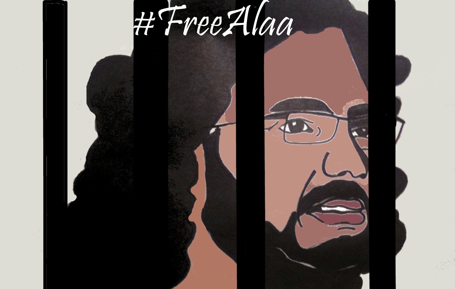 L'image représente un portrait d'un homme avec des cheveux bouclés et des lunettes, vu derrière des barres, ce qui suggère une détention ou une captive. En haut de l'image, il y a le hashtag "#FreeAlaa", indiquant un appel à la libération de cette personne. Le style graphique semble être un mélange d'illustration et de protestation, soulignant une question sociale ou politique. Le nom "Yara Kassem" est également mentionné, probablement en tant qu'auteur de l'œuvre.