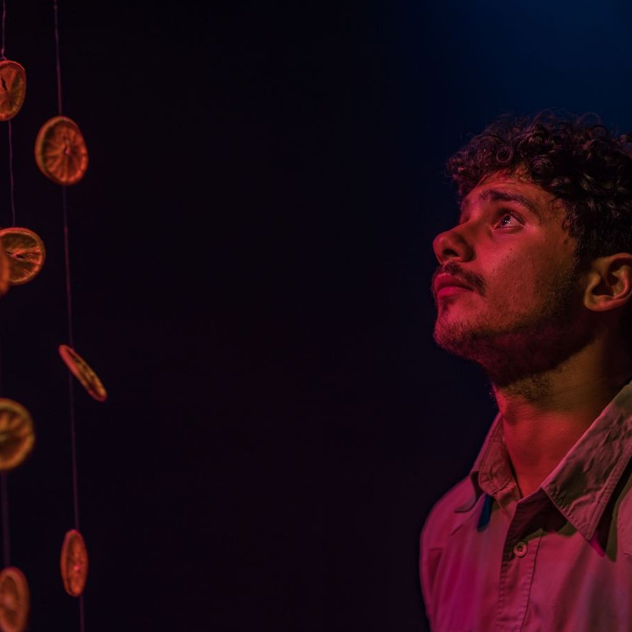L'immagine mostra un giovane uomo che osserva con meraviglia degli agrumi essiccati appesi in aria. La sua espressione è attenta e sognante, mentre le luci soffuse creano un'atmosfera suggestiva. I colori caldi degli agrumi contrastano con il fondo scuro, enfatizzando la bellezza dell'installazione.