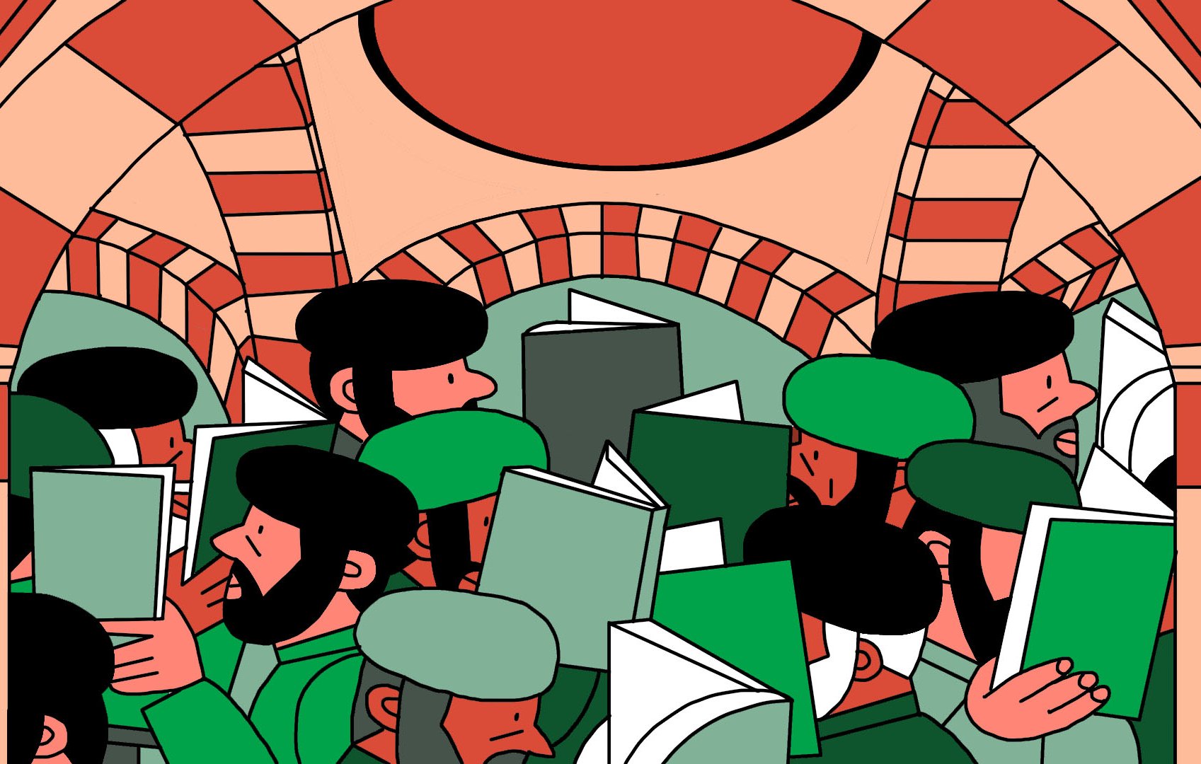 L'image représente un groupe de personnes se tenant sous une arcade. Elles portent des chapeaux et des vêtements de couleur verte, et certaines semblent porter des livres ouverts. Les personnages ont des expressions concentrées, comme s'ils étaient absorbés par leur lecture. L'architecture en arrière-plan présente des motifs en briques, créant une ambiance chaleureuse et accueillante.