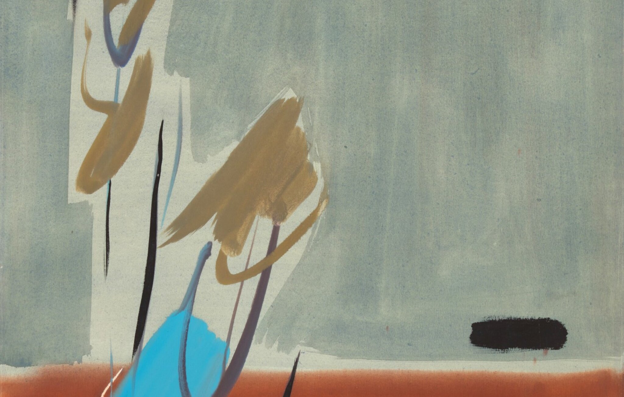 L'image présente une composition abstraite où des formes et des couleurs s'entrelacent. Les teintes dominantes comprennent des nuances de bleu, de marron et de noir, créant un contraste visuel. Des traits de pinceau fluide et dynamiques semblent évoquer un mouvement ou une émotion, tandis que la surface de la toile présente une texture douce et harmonieuse. L'ensemble dégage une impression de modernité et de liberté artistique.