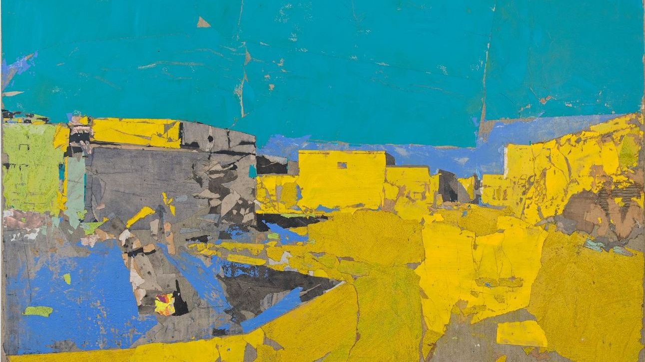 L'image présente une composition abstraite où des blocs de couleurs vives dominent le tableau. Un fond turquoise éclatant contraste avec des zones de jaune vif, représentant des formes géométriques qui pourraient évoquer des structures ou des paysages. Les textures semblent variées, donnant une impression de matière à l'œuvre, et les nuances de gris ajoutent de la profondeur à la scène. L'ensemble crée une atmosphère dynamique et énergique.