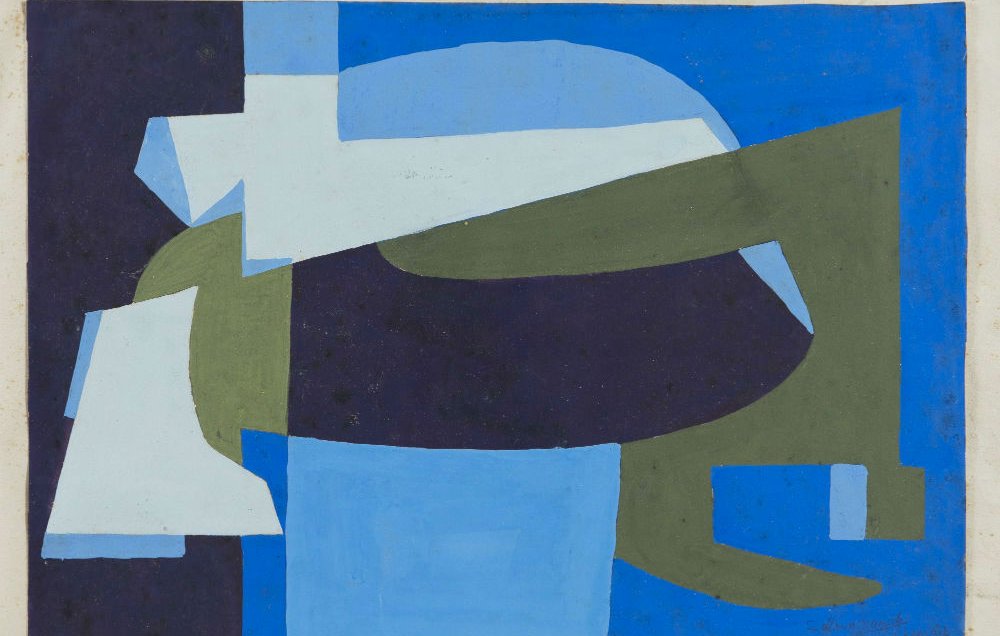 L'image présente une composition abstraite avec des formes géométriques superposées. On observe une palette de couleurs variées, notamment des tons de bleu, de vert et de blanc. Les formes se mélangent de manière fluide, créant un contraste entre les zones sombres et claires. L'œuvre dégage une impression de mouvement et d'harmonie, typique d'un style moderne et décoratif. Les lignes et les courbes ne suivent pas de règles strictes, invitant l'œil à explorer et interpréter la structure de l'image.