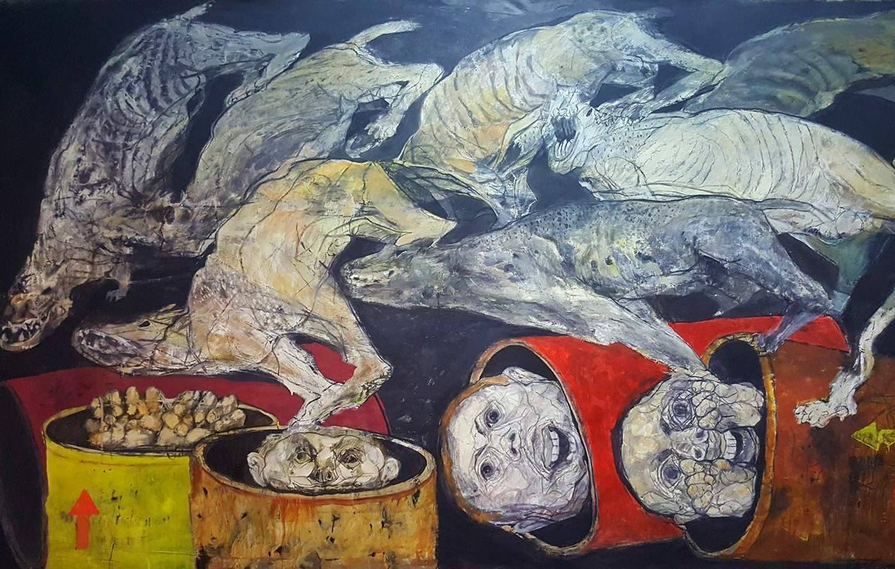 L'image représente une œuvre d'art abstraite et expressionniste, où l'on peut voir des silhouettes de chiens en mouvement, semblant courir de manière chaotique. Ils sont entourés de récipients, probablement des barils, contenant des éléments qui ressemblent à des têtes humaines et des ossements. La composition dégage une atmosphère sombre et troublante, avec des couleurs terreuses et des formes distordues, suggérant des thèmes de mort et de désespoir. Les éléments contrastent avec l'énergie du mouvement animal, créant une ambiance à la fois dynamique et dérangeante.