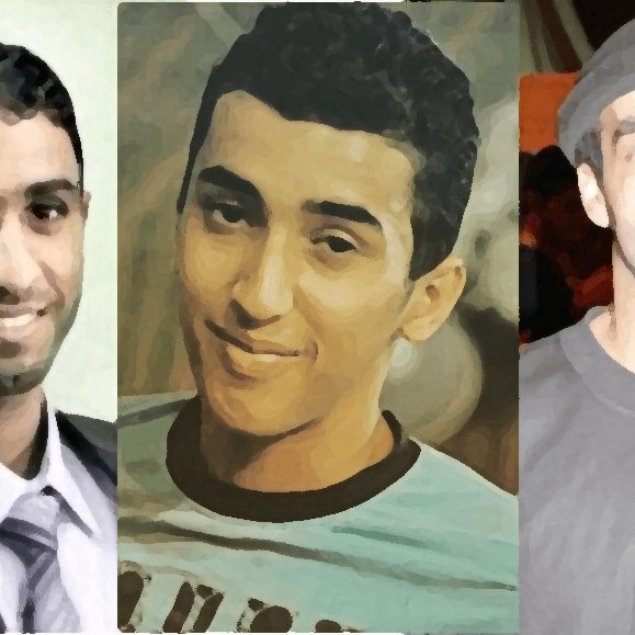 The image features three portraits of individuals. 1. The first person on the left is dressed in a formal suit and tie, smiling and appearing professional. 2. The middle person has a casual look, wearing a light blue shirt and smiling, giving a friendly impression. 3. The person on the right has a more rugged appearance, wearing a black shirt and a hat, with a serious expression. Overall, the portraits show a diverse range of expressions and attire, reflecting different styles and moods.