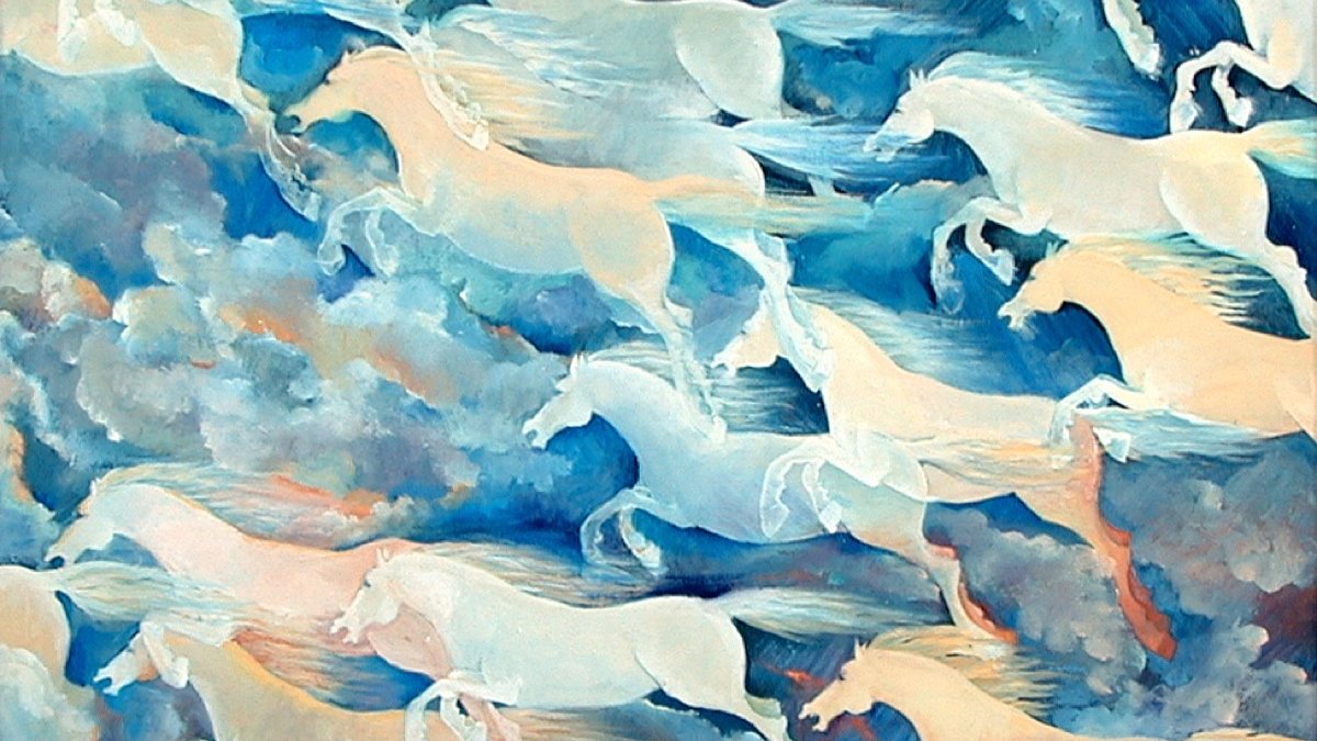 Des chevaux blancs galopent à travers un ciel bleu, créant un mouvement dynamique.