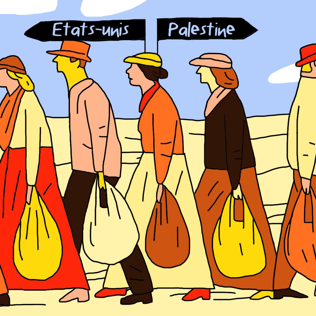 L'image représente une scène de personnes marchant côte à côte, portant de grands sacs. On voit des figures stylisées, avec des couleurs vives et un style graphique simple. Les mots "États-Unis" et "Palestine" sont affichés au-dessus de certains groupes de personnages, suggérant un contraste ou une relation entre ces deux entités. Le fond est désertique, renforçant le sentiment d'un voyage ou d'une migration.