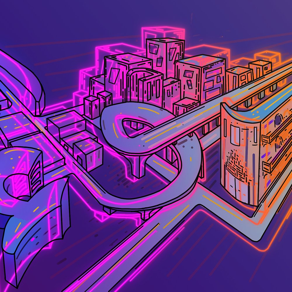 L'image présente un design graphique stylisé et coloré, avec des nuances de rose, bleu et orange. On y voit une représentation abstraite d'une ville, avec des bâtiments aux formes géométriques et un chemin qui serpente à travers le paysage urbain. Les lignes sont dynamiques et donnent une impression de mouvement, tandis que les couleurs vives ajoutent une touche futuriste et vibrante à l'ensemble. Le fond est dégradé, accentuant l'effet moderne de la composition.