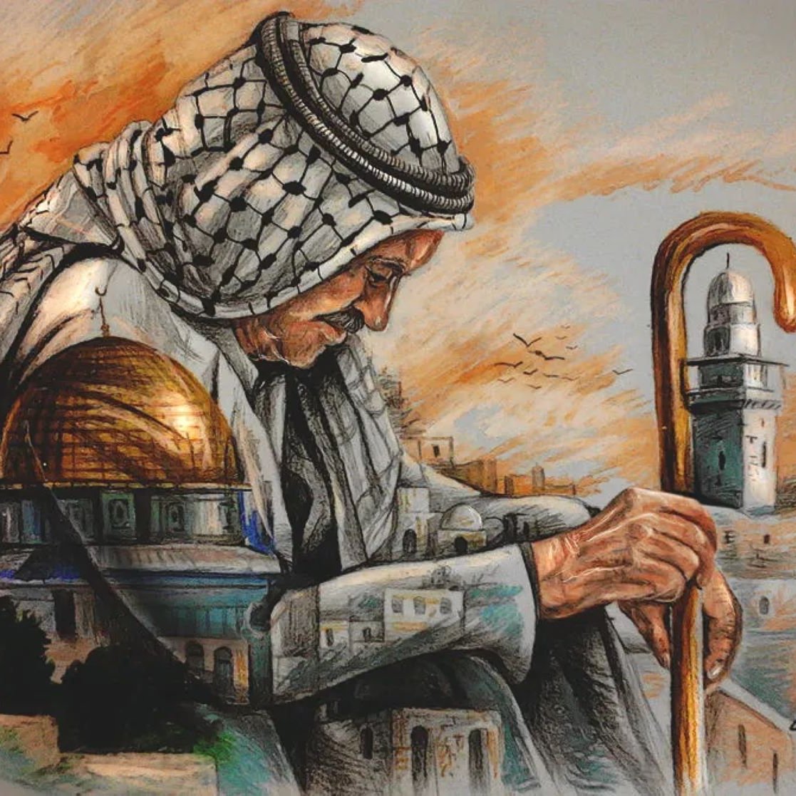 L'immagine rappresenta un anziano vestito con un kefiah, un tradizionale copricapo arabo, che si china pensieroso, appoggiandosi a un bastone. Sullo sfondo si scorge una vista di Gerusalemme, con la cupola dorata della Roccia e un minareto. I colori caldi del cielo, con sfumature arancioni e blu, creano un'atmosfera riflessiva e nostalgica. L'anziano sembra rappresentare saggezza e un profondo legame con la sua terra. L'opera trasmette emozioni di tristezza e speranza, evidenziando la storia e la cultura della regione.