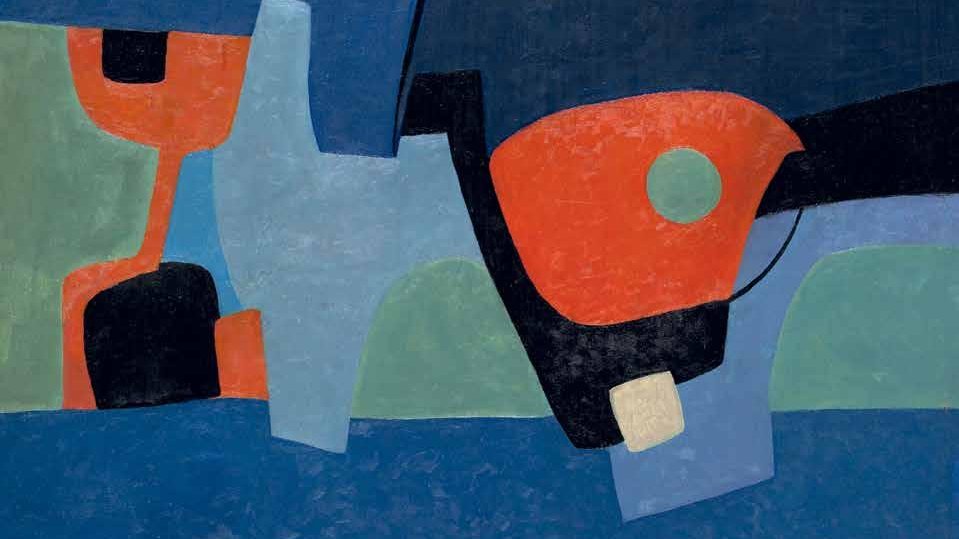 Cette image représente une œuvre abstraite, caractérisée par des formes géométriques aux couleurs vives. On peut y voir des teintes de bleu, d'orange, de vert et de noir, qui s'entremêlent de manière harmonieuse. Les formes semblent flotter sur un fond monochrome, créant un contraste dynamique et captivant. L'ensemble dégage une sensation de mouvement et d'énergie, typique de l'art abstrait.